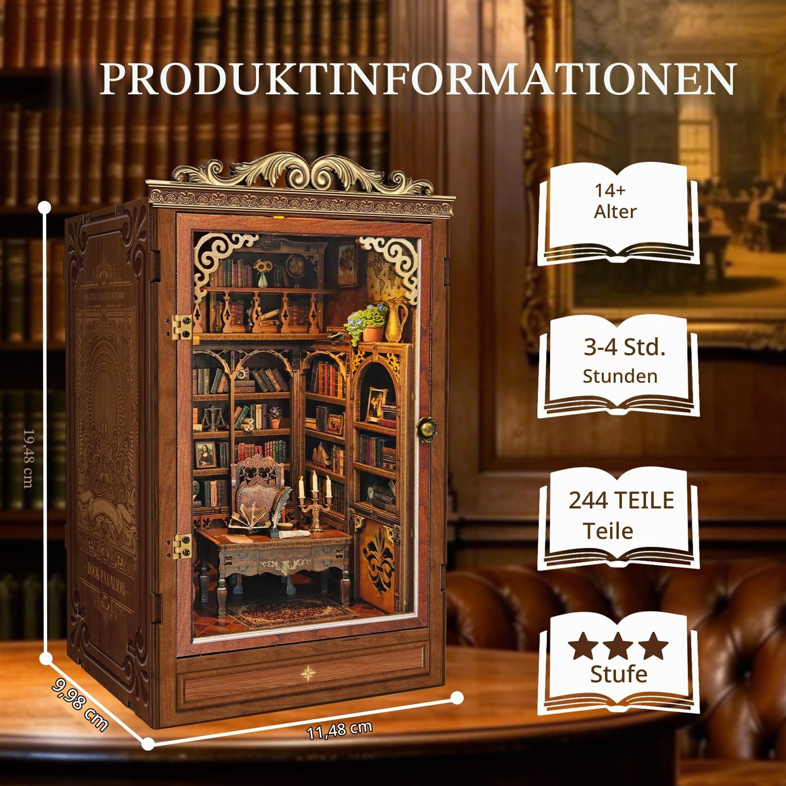 Library Book Nook Kit DIY Miniature Dollhouse Kit mit LED-Beleuchtung – Ansicht 2