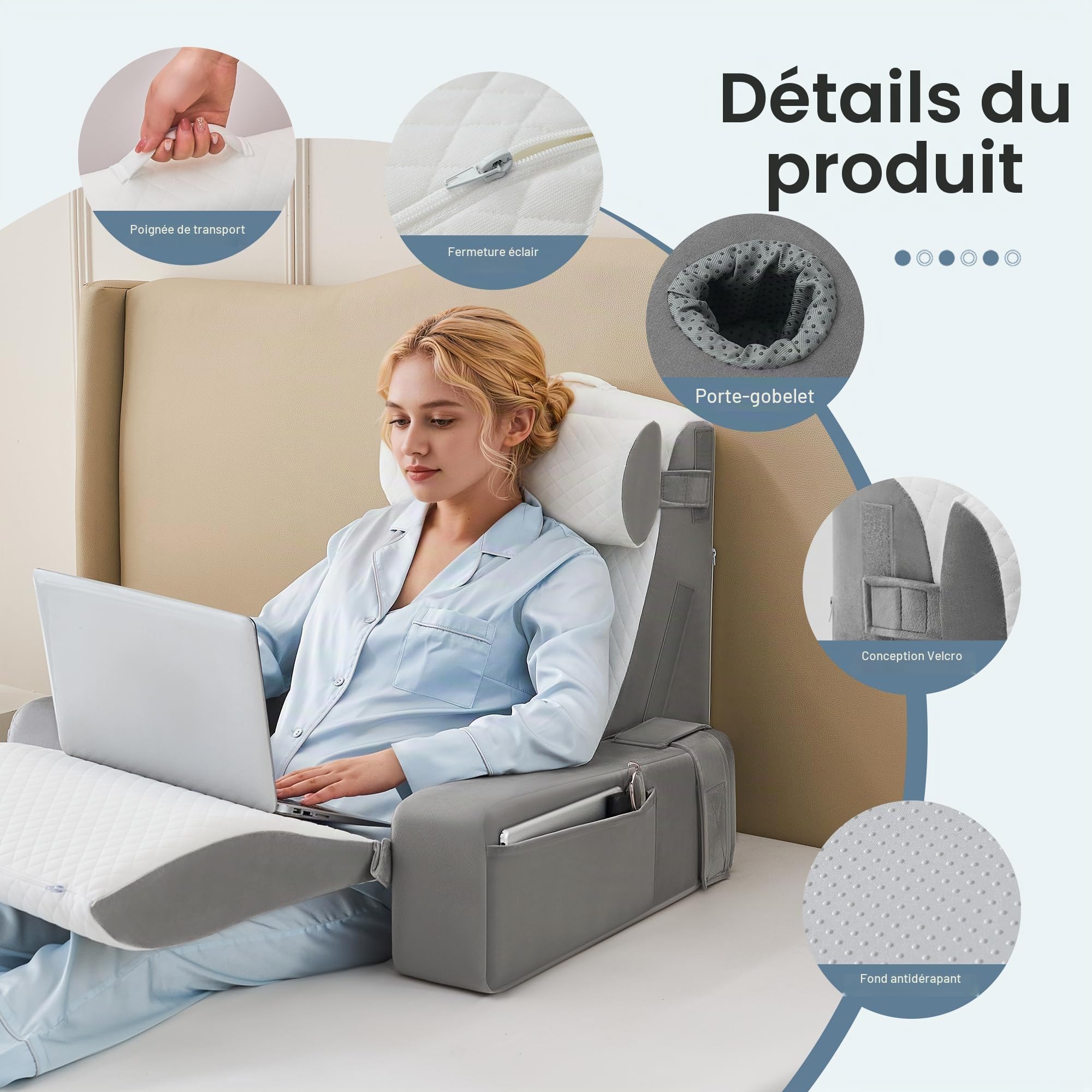 Lot de 5 coussins de lecture pour lit et canapé, coussin de livre avec traversin et accoudoirs amovibles, coussin de dossier de lit, coussin mural multifonction pour lire, travailler, lit