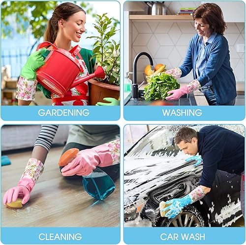 Miniatura 7 de 9 pares de guantes de goma para lavar platos, puños largos y forro de rebaño, guantes de limpieza del hogar, reutilizables, impermeables, guantes de