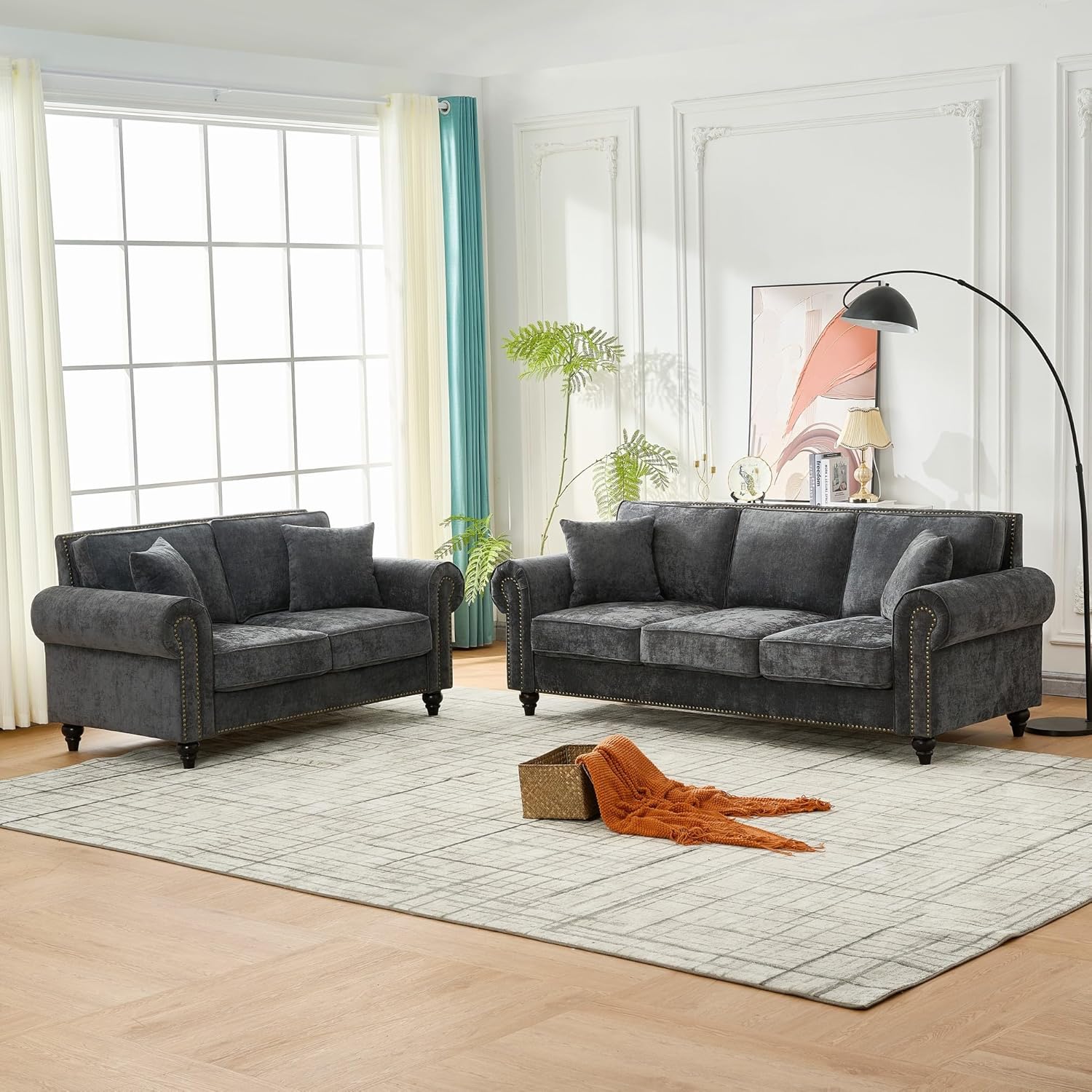 KEIKI 2-Piece Sofa Set with 1 Oversized Chenille 3-Seater Sofa & 1 Loveseat Sofa, Upholstered 5-Seater Couch Set with Nailhead Trim, High-Density Foam Cushions, Rolled Arms, for Living Room, Grey