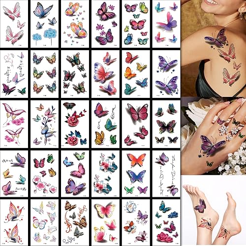 Miniatura 5 de 60 hojas de tatuajes temporales de flores para mujeres y niñas, calcomanías de tatuaje falsas de mariposa pequeña colorida rosa impermeable para