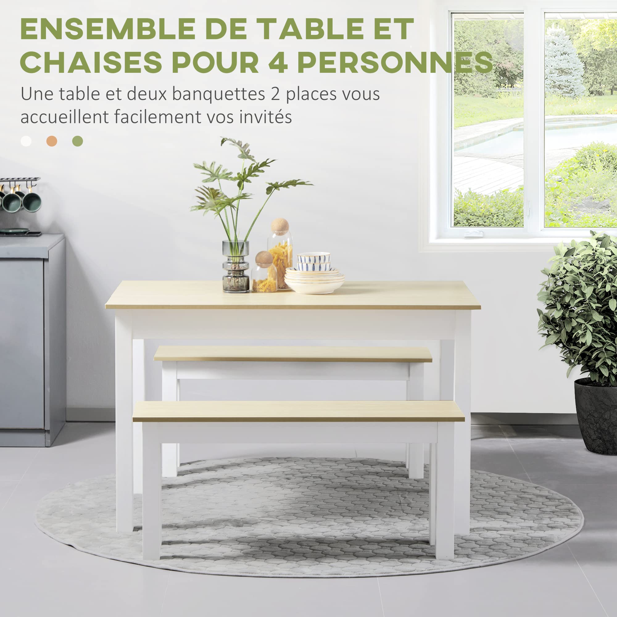 HOMCOM Ensemble Table à Manger 3 pièces avec 2 bancs encastrables pour 4-6 Personnes Style Contemporain - Cuisine Salle à Manger Salon - Panneaux de Particules