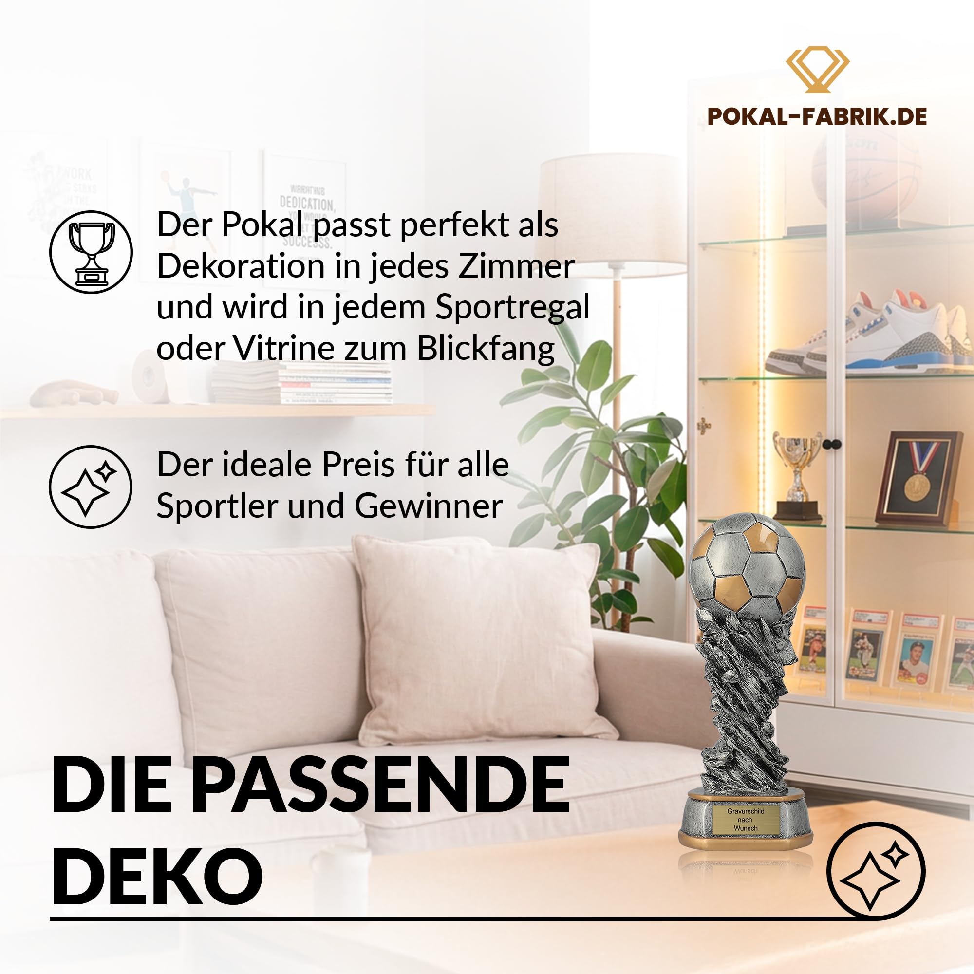 Pokal-Fabrik - Fussball Pokal mit Gravur Wunschtext - Gold & Silber Trophäe aus hochwertigem Resin 30/37/45 cm – personalisierte Auszeichnung für Fußball, Sport Events & Wanderpokal