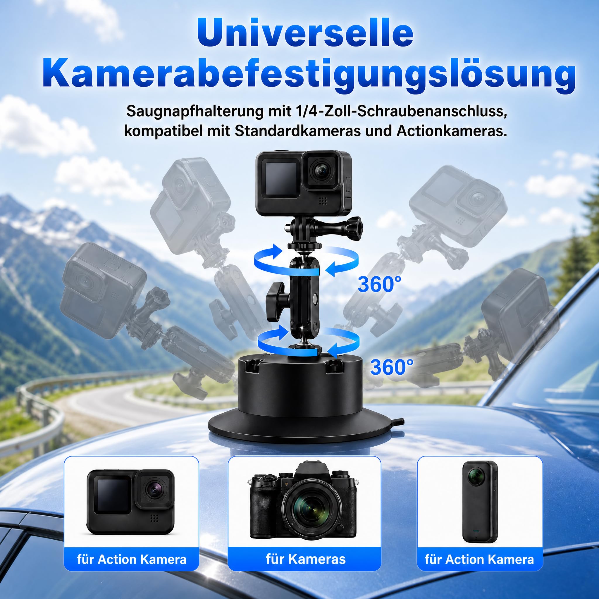 Elektrische Kamera Halterung mit Saugnapf und Aluminium Magic Arm | Kamera Saugnapfhalterung mit Kugelkopf Magic Arm,1/4″Schraube,2000 mAh,Auto-Nachsauge,Typ-C,Auto Halterung für Action-Kameras