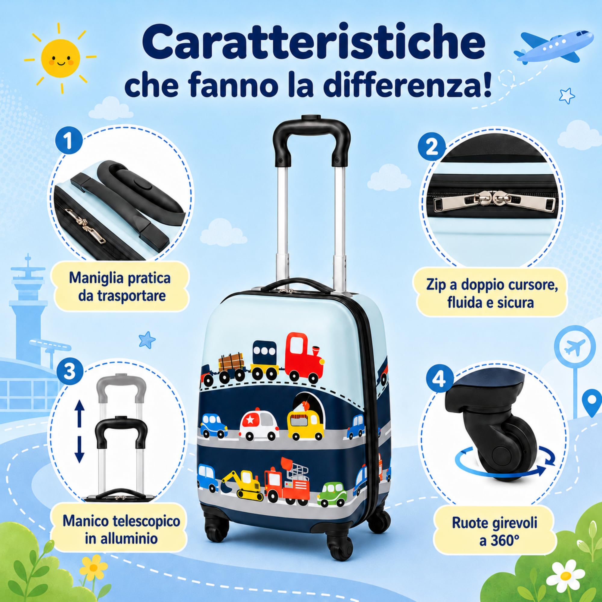 Set Trolley per Bambini 2 Pezzi Valigia Rigida e Zainetto Coordinato Bagaglio a Mano con Ruote Girevoli per Viaggio Scuola e Tempo Libero 46,5x22x32,5 cm Fantasia Traffic