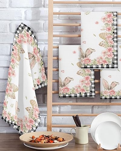 Miniatura 2 de Kitchen Towel 2 Packs Cotton Waffle Weave, Happy Easter Bunny Ears Eggs Spring Florals Buffalo Plaid 16 x 24 Inch Absorbent Quick Drying Dish Towels
