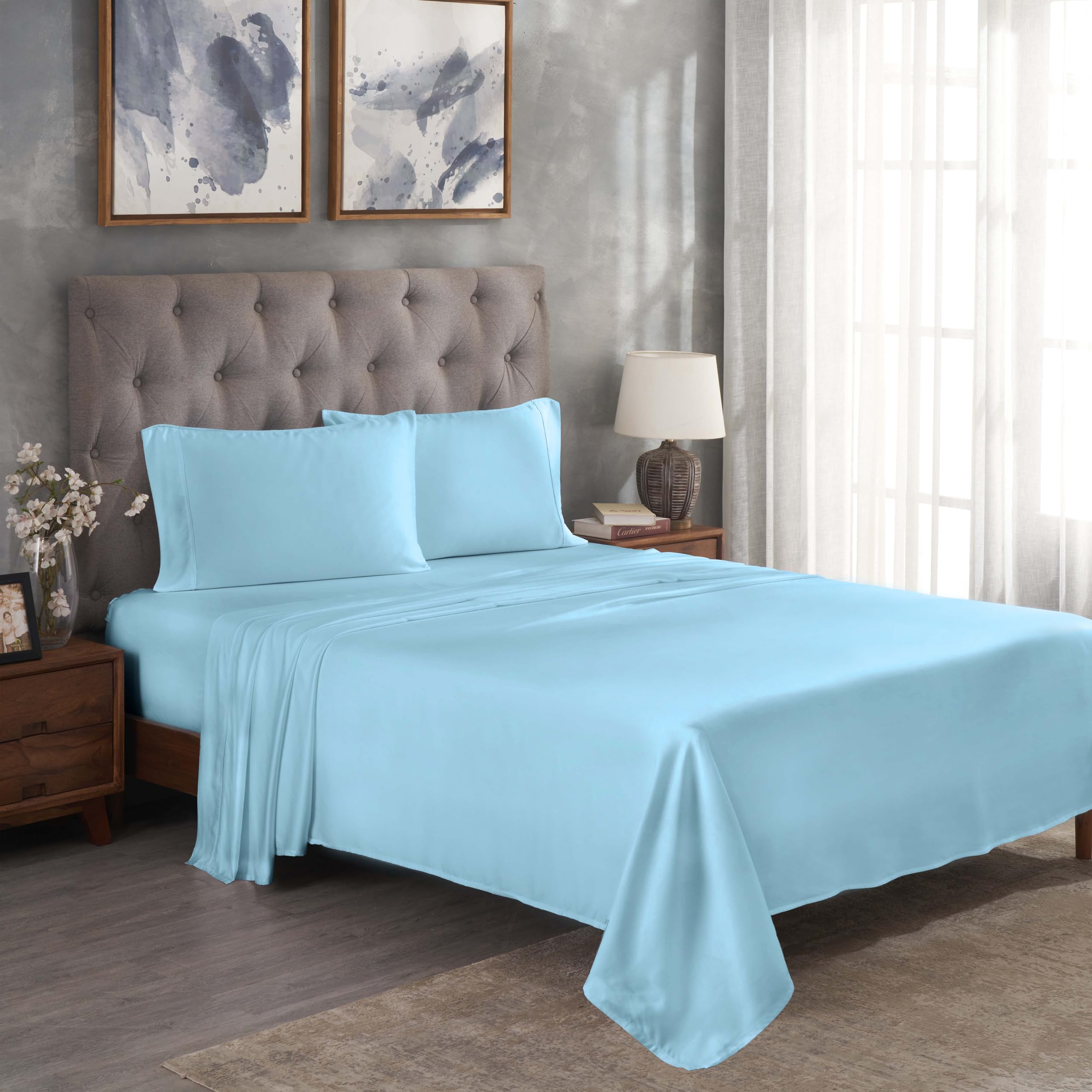 Superior Modal from Beechwood 300 Thread Bed Sheet Set, 1 Elastic Extra Deep Pocket Fitted Sheet, 1 Flat Sheet, 2 Pillowcases, Soft Cool Sheets, Sateen Weave, Bedding Essentials, King, Light Blue