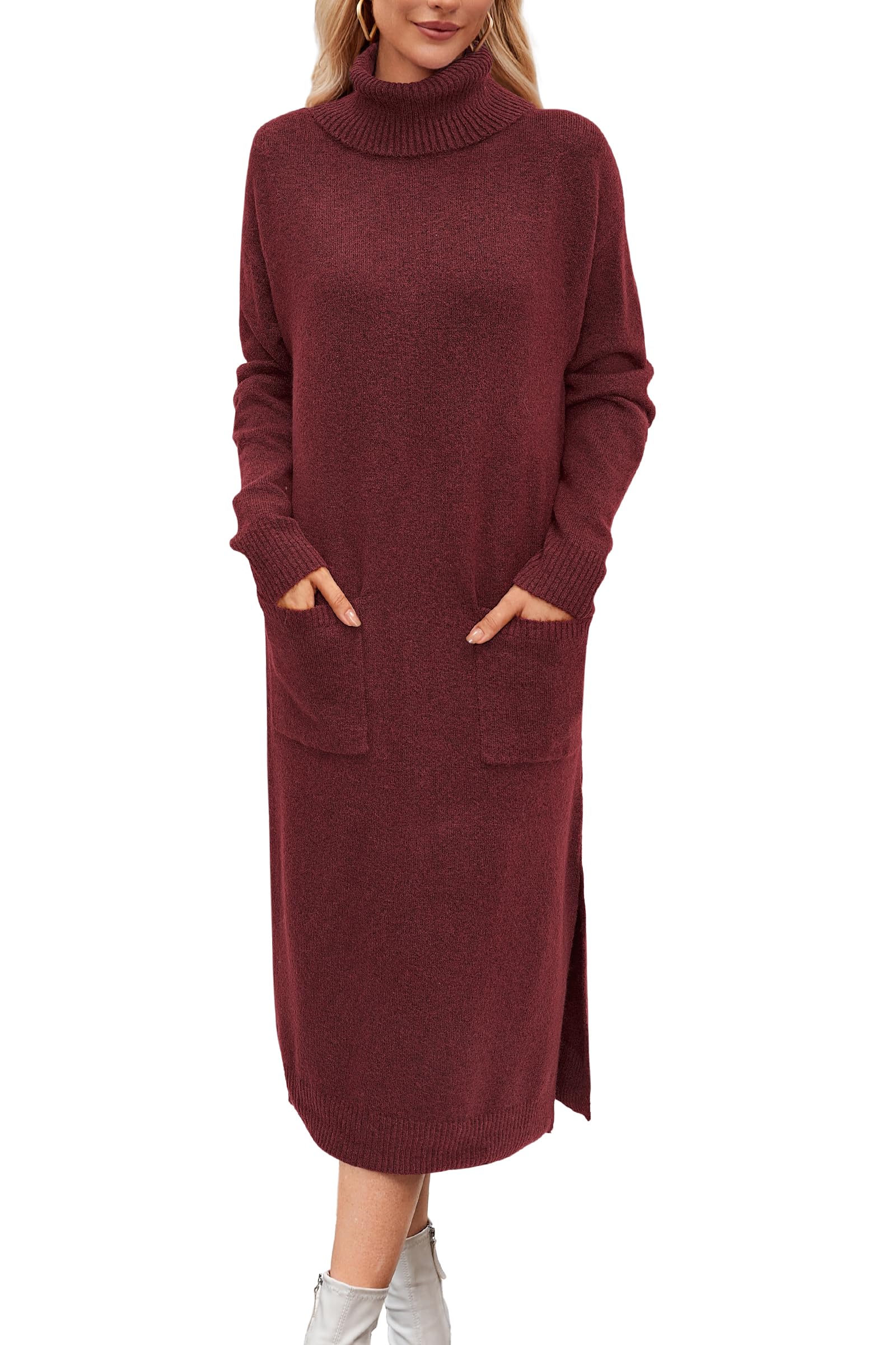 Arach&Cloz Robe tricotée Longue en Laine pour Femme, col roulé, Ample, avec Poches, pour l'automne et l'hiver
