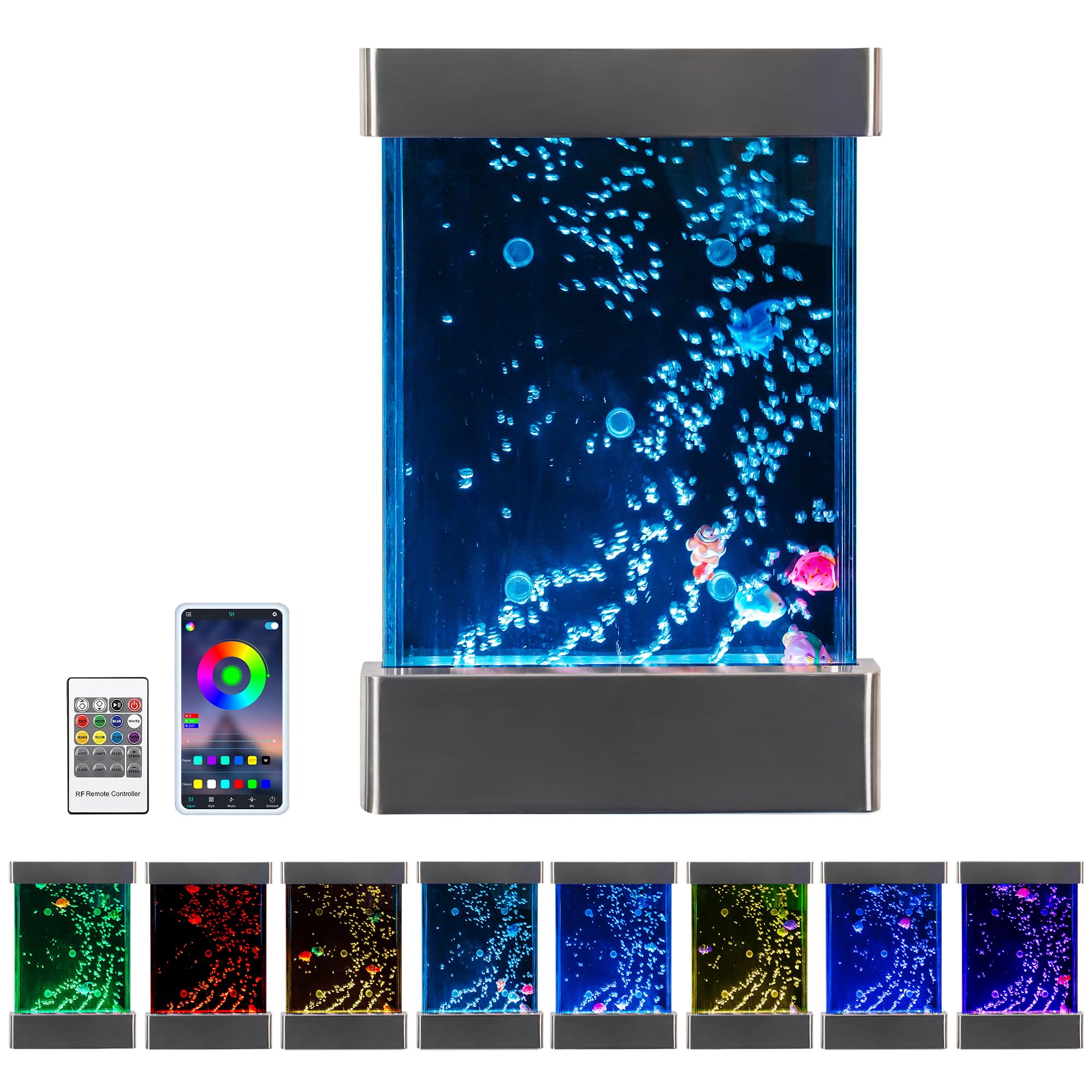 Wall-Mounted LED Bubble Wall – 24"x16" Stainless Steel Sensory Water Panel with Floating Fish,Mood Lights, Remote &amp; APP Control – for Therapy, Clinics &amp; Cafés