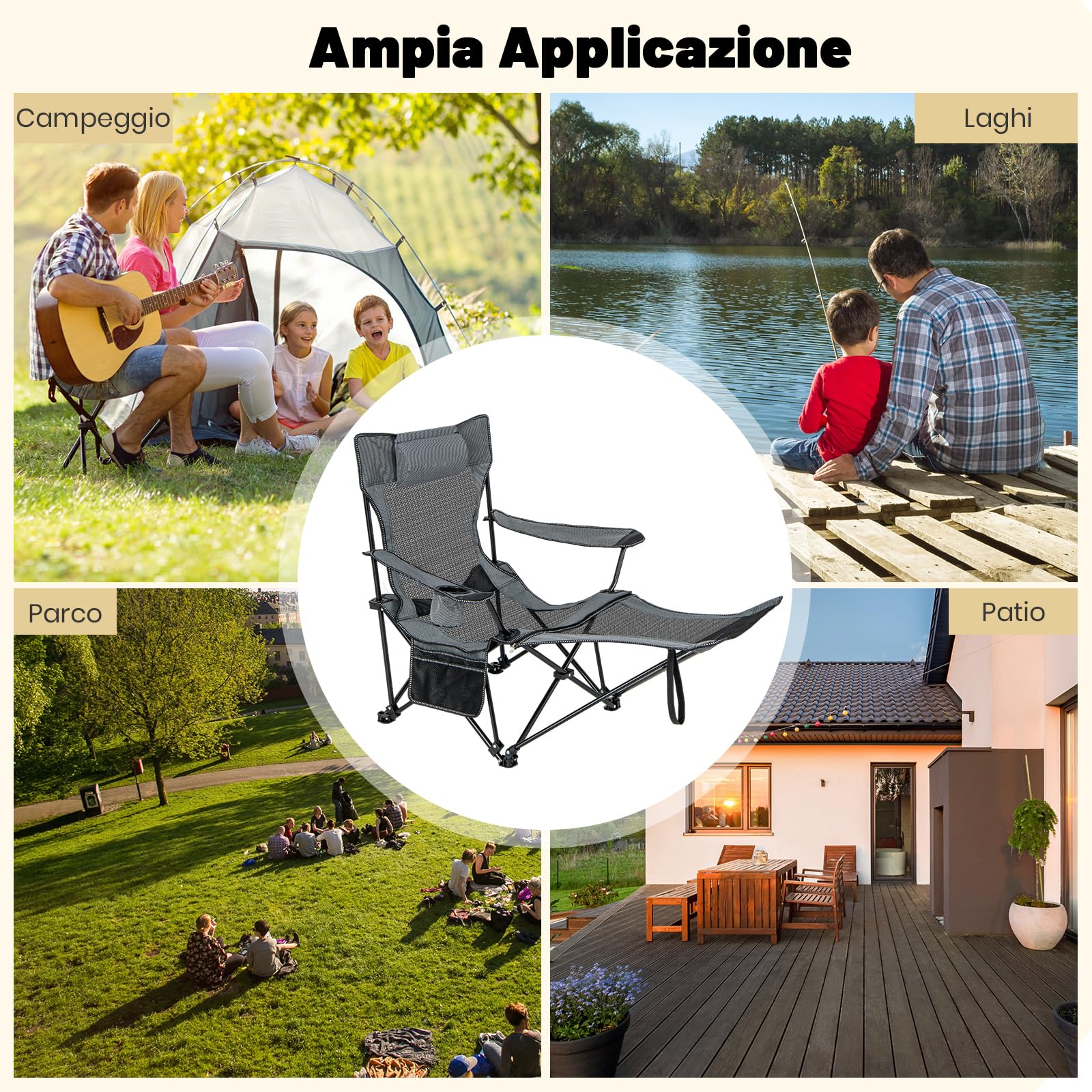 GYMAX Sedia da Campeggio, Sdraio da Spiaggia Pieghevole con Poggiapiedi Staccabile, Schienale Regolabile, Porta Bevande, Poggiatesta e Borsa da Trasporto, Sedia Reclinabile per Parco Patio(Grigio)