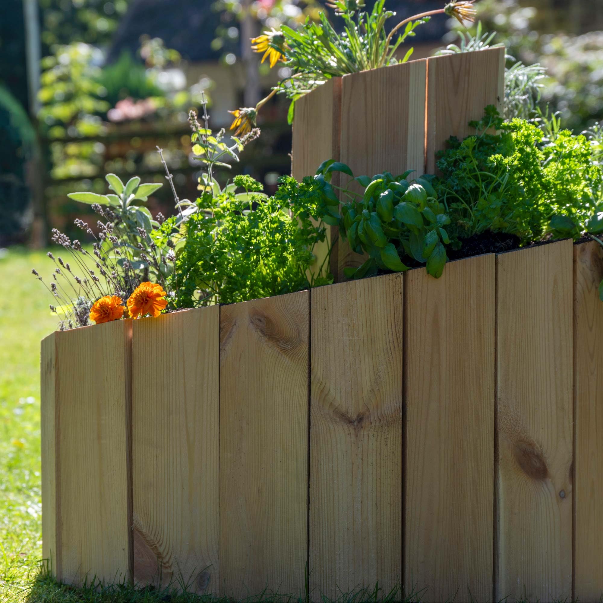 dobar® Green Label Kräuterspirale Massivholz | Kräuterschnecke Vormontiert | Unbehandeltes Holz | Kräutertreppe Kiefernholz Garten | Kräuterturm Bausatz | 250 x 68 cm | Natur