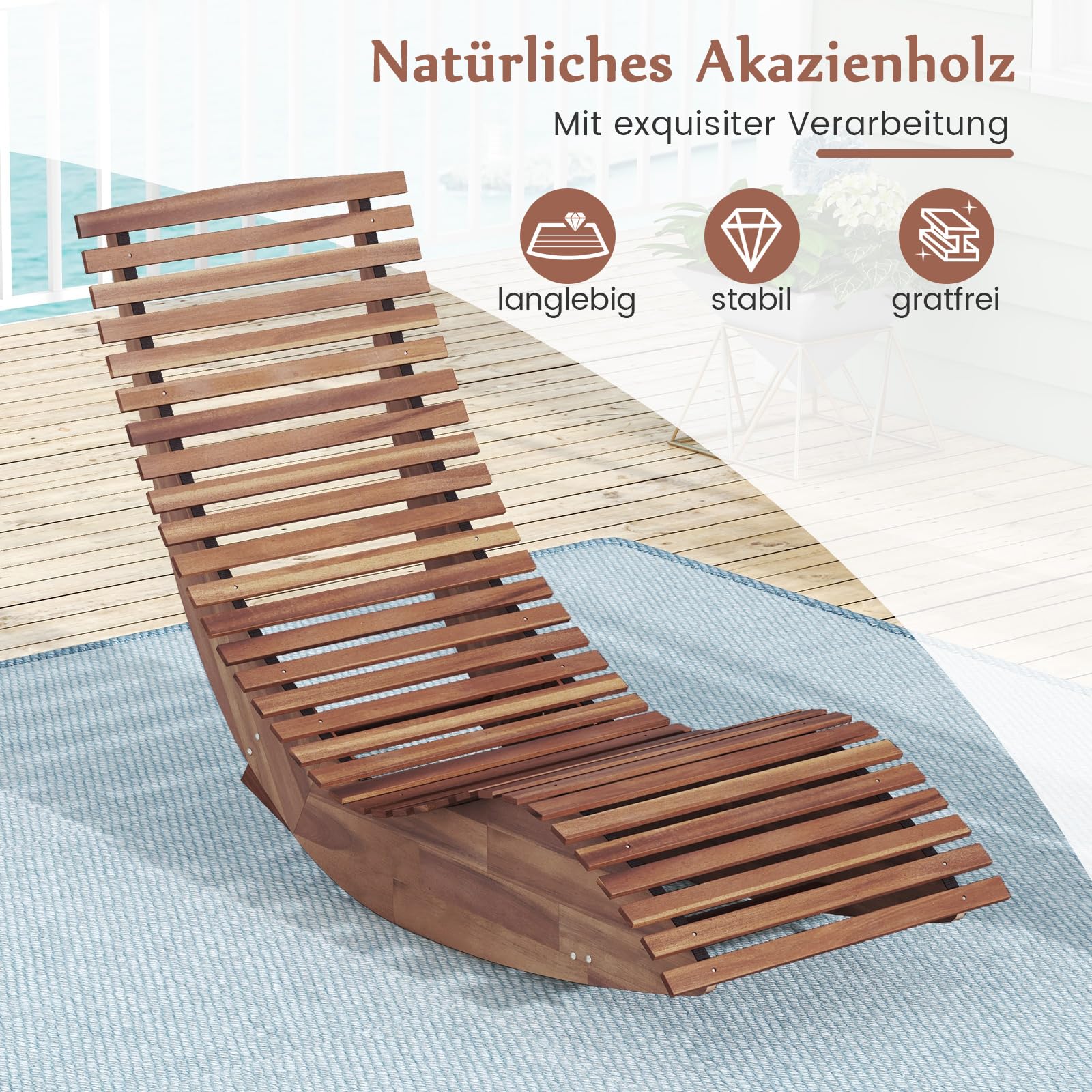 COSTWAY 2X leżak z drewna akacjowego, ergonomiczna leżanka drewniana, leżak ogrodowy, leżak tarasowy o ładowności do 160 kg, leżak do sauny, leżak do ogrodu, tarasu, podwórka
