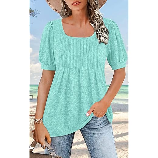 Camiseta feminina de verão 2025 nova túnica de manga curta casual plissada rodada gola quadrada camisetas femininas básicas