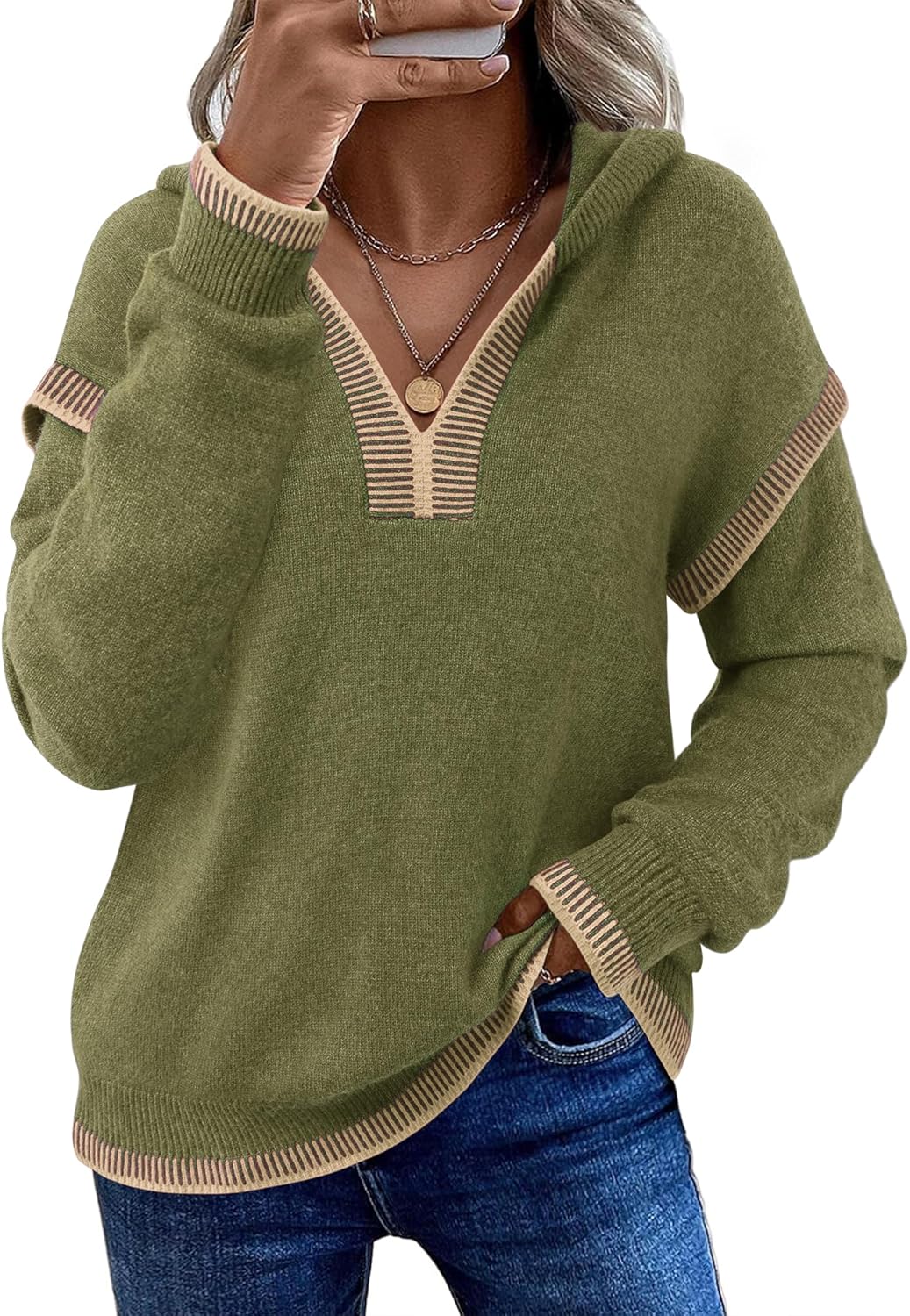 VALOLIA Sweaters for Women Fall Long Sleeve V Neck Casual Pullover 2025 Winter Trendy Knit Hoodies - Image 2