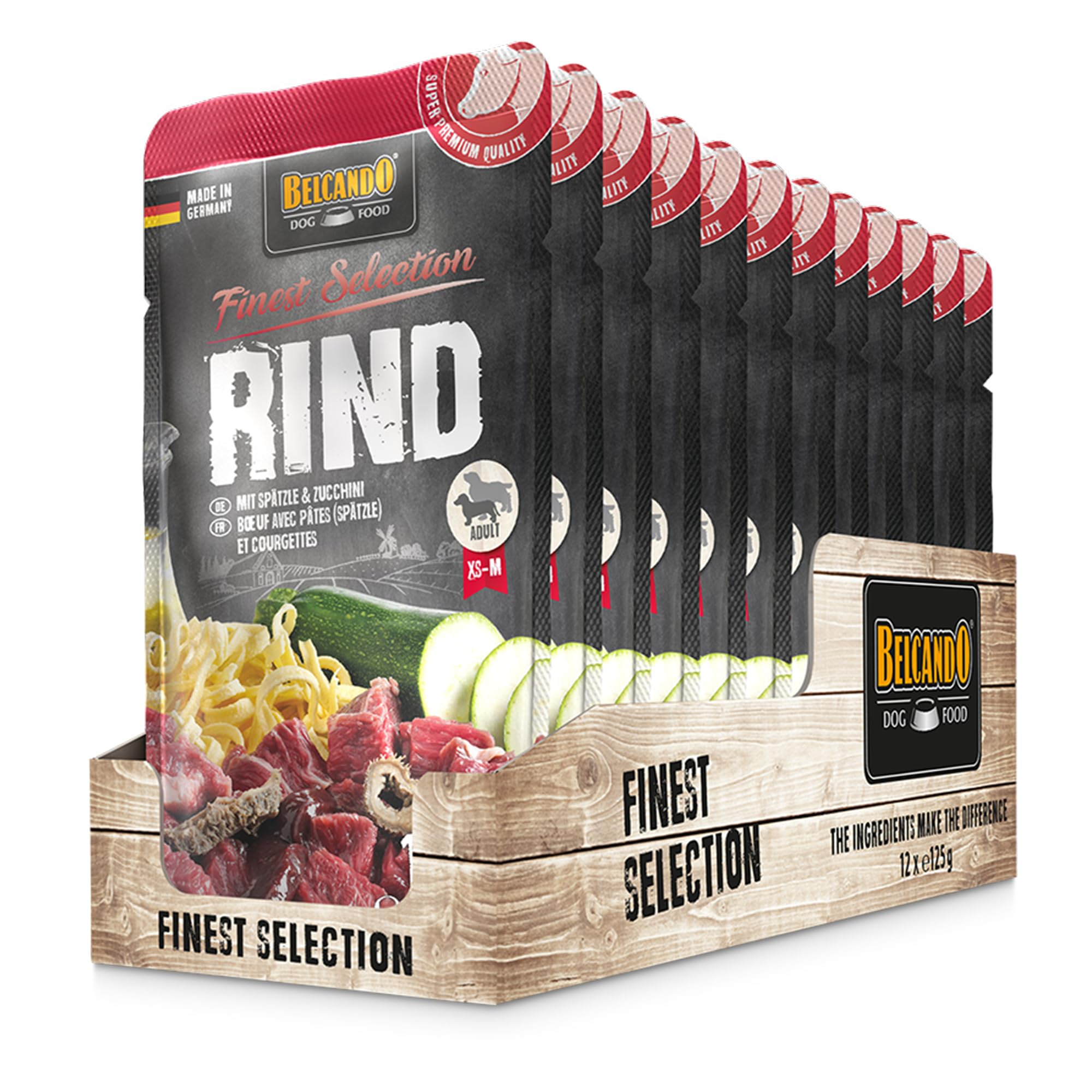 BELCANDO Frischebeutel [12x125g Rind mit Spätzle & Zucchini] | Nassfutter für Hunde | Feuchtfutter Alleinfutter im Einzelportionsbeutel