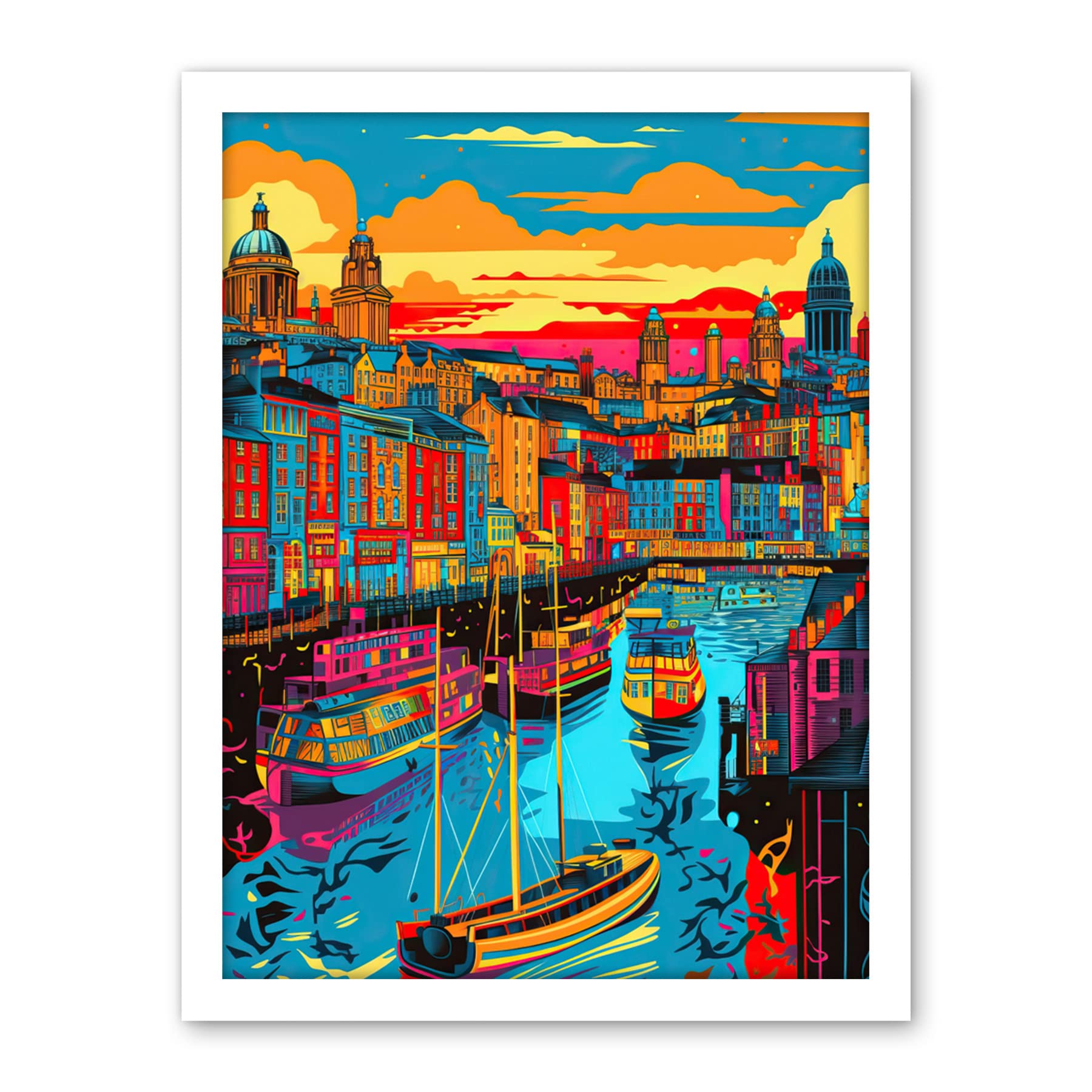 Artery8 Vibrant Liverpool City Waterfront Sunset Cityscape Artwork Framed Wall Art Print 18X24 Inch