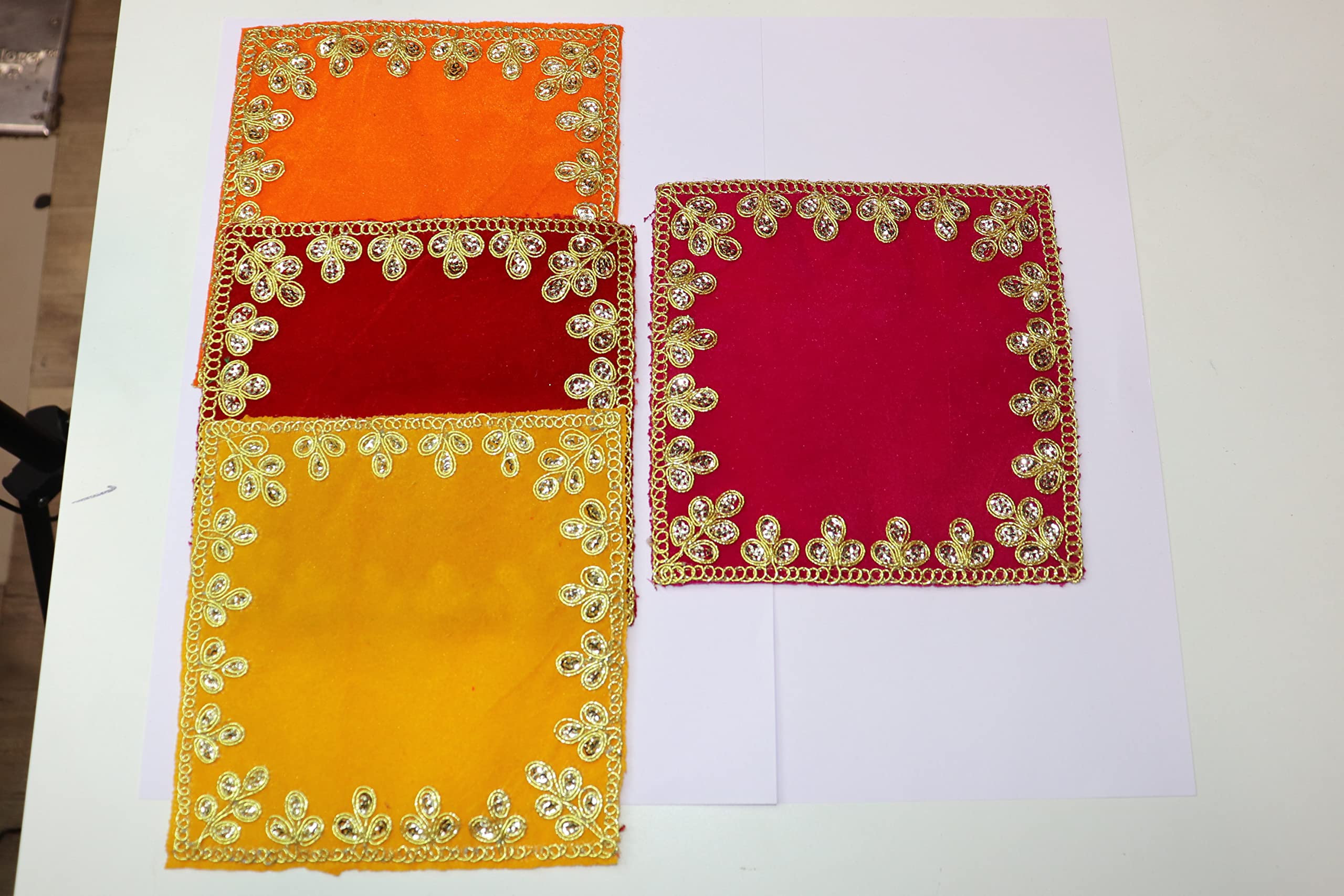 Reliable Velvet Pooja Aasan/Asan for Puja and Mandir Puja Altar Cloth Embroidered Velvet Pooja Chowki Assan Mat for Mandir, Temple and Bhagwan (Pack of 4) Size - 6 * 6 Inches - Image 4 thumbnail