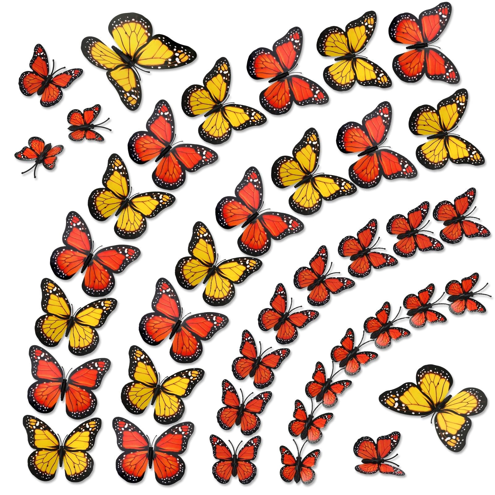 60 Pcs Magnetic Artificial Monarch Butterfly Decorations Decal | 3 Size, Orange Yellow Fake Butterflies, Mariposas Monarcas para, Day of The Dead Halloween Wedding Home Party Decor Craft