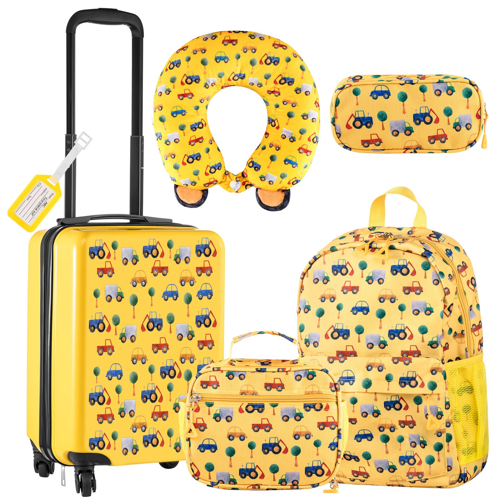 Redbaker6 Pcs Kids Luggage Set 17 Inch Kids Rolling Luggage Double Pattern Suitcase for Girls Boys School Gift(Yellow,Car Style)