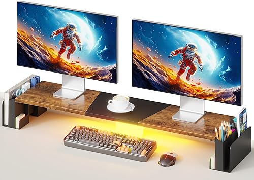 WESTREE Soporte elevador de monitor doble con luz, soporte de computadora ajustable con soportes para bolígrafos, almacenamiento extra grande para 2