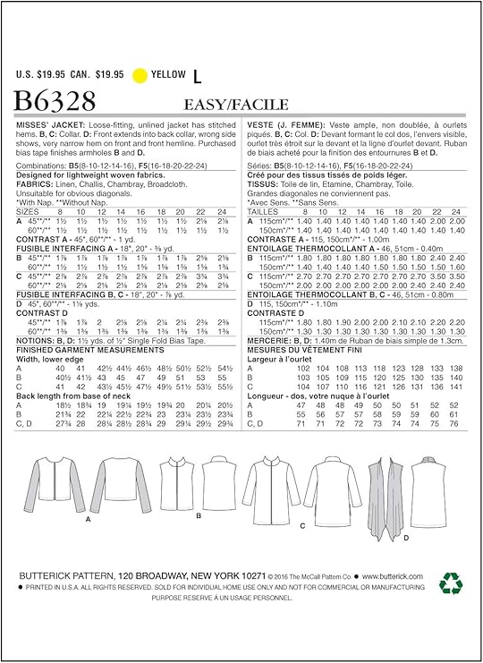 Butterick Patterns B6328 Misses' Open-Front Jackets, Size B5 (8-10-12-14-16)