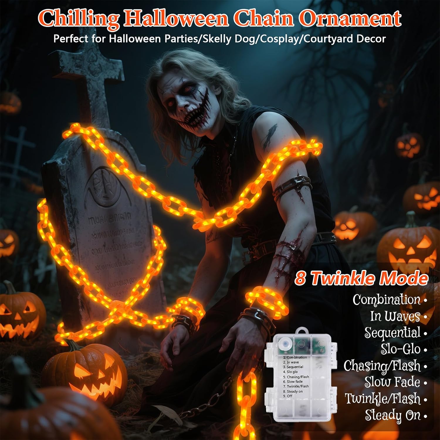 10FT Battery Halloween Chain String Lights, Waterproof Orange Plastic Chain Lights for Halloween Decorations Indoor/Outdoor, 8 Lighting Modes, Led halloween Lights for Skeleton Dog, Lawn Porch Decor