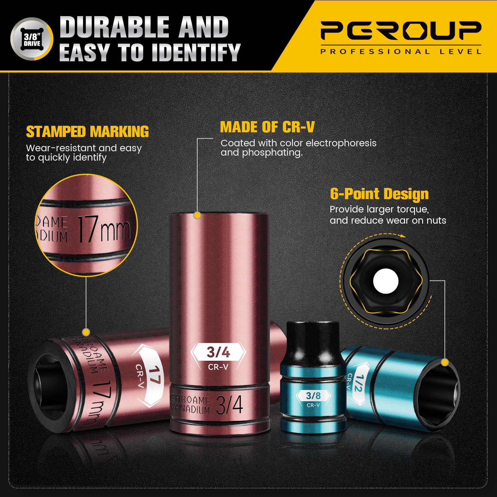 Set di chiavi a bussola a percussione, 6 punti, SAE (1/4"-13/16") e metriche (8 mm-22 mm), profonde e poco profonde, deposizione elettroforetica, CR-V, include chiave a cricchetto, barre di