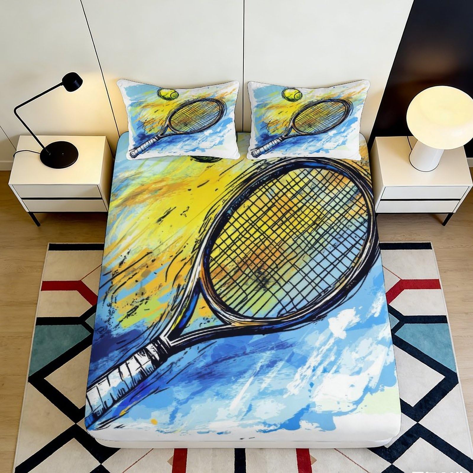 3D Printed Tennis Racket Fitted Sheet Microfiber Durable 3D Abstract Bed Cover for Bedroom Dormitory Guest Room Mattress Protection 160x200x25cm