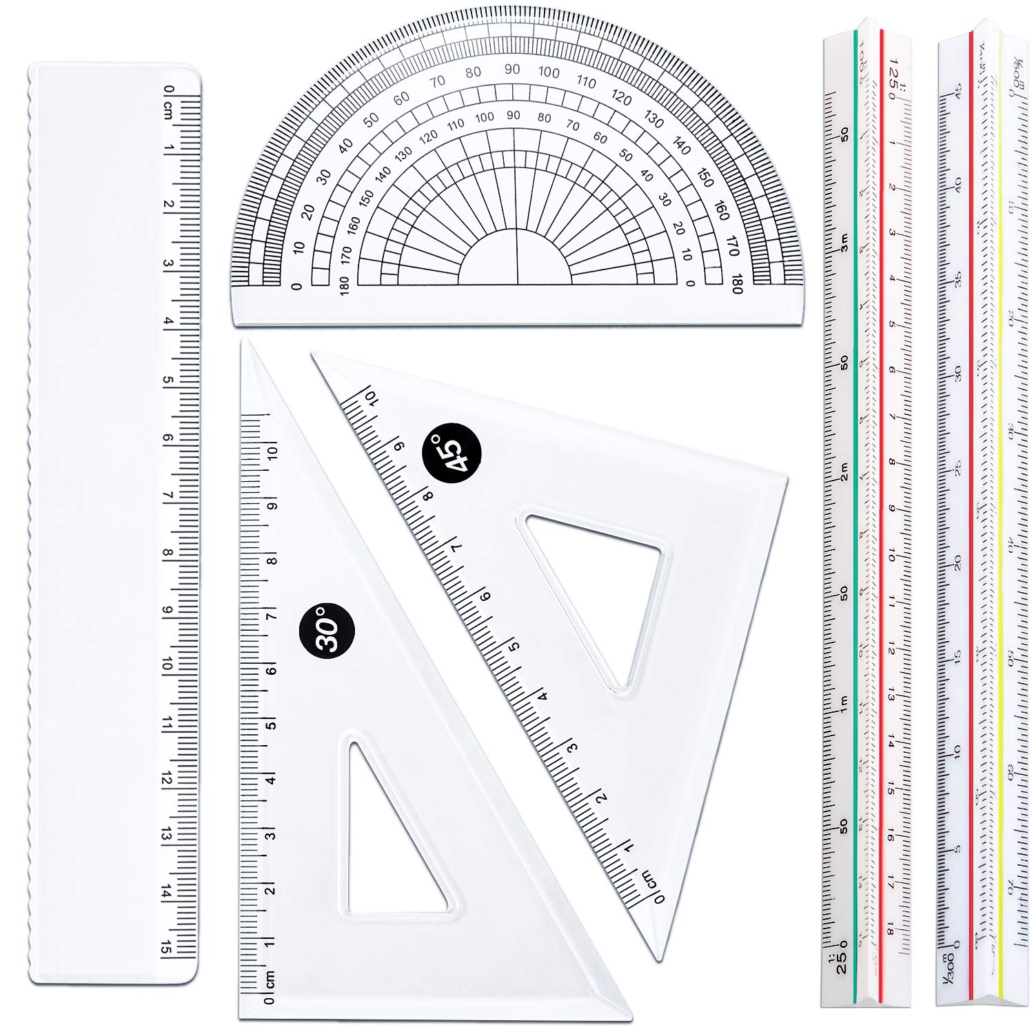 6 Pieces Triangular Architect Scale Ruler Set, 2 Pieces 6 Inch Triangular Architect Scale with 4 Pieces Triangle Ruler Square Set, Fit for Architects, Engineers, Students and More