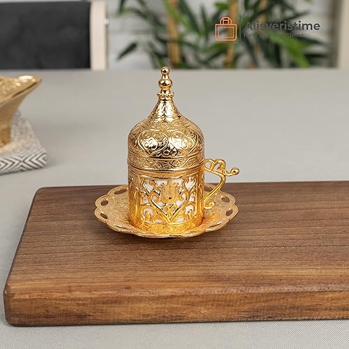 Miniatura 4 de Alisveristime Juego de 6 tazas de café turco expreso con platillo, tapa, diseño tradicional de tulipán otomano (múltiples variaciones de color)