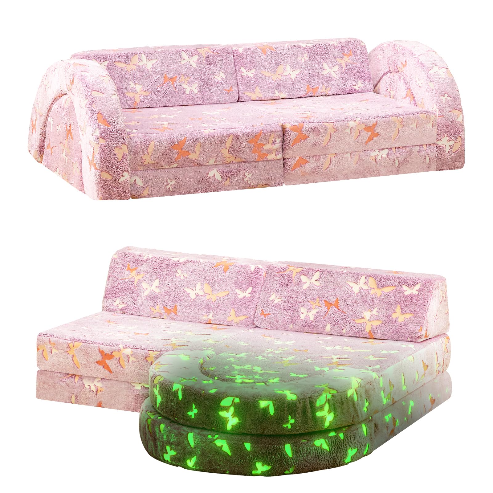 Stmoze 10Pcs Modular Kids Play Couch Glow, Convertible Play Fort, Instant Rebound 28D Foam Toddler Sofa for Playroom, Bedroom Furniture, Purple and Butterfly