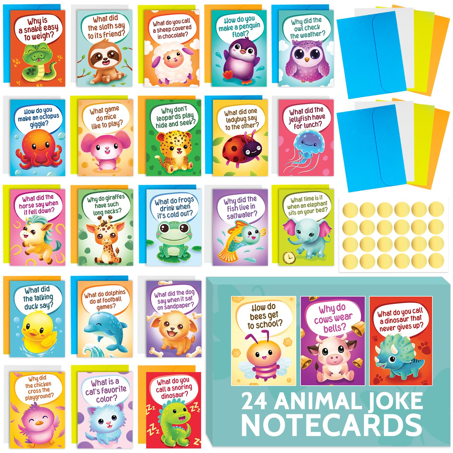 24 Funny Animal Joke Notecards with No Repeats - 4.5” x 6.25” Humorous Bulk Thinking of You Cards for Kids, Grandkids, Students, and Teachers, Summer Camp and More