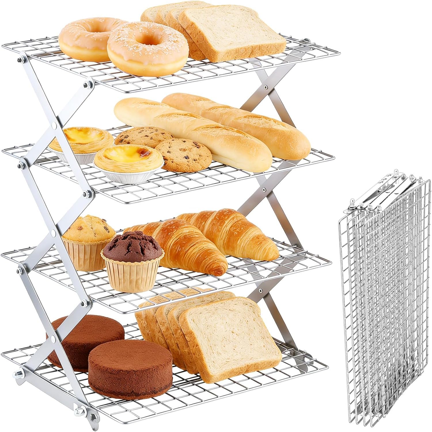 ケーキクーラー 4段 折りたたみ式 クーリングラック 長さ40cm 幅25cm ブラック 大容量 ベーキングラック 冷却棚 クッキー・パン・ケーキ用 乾燥・グリル・アウトドア対応 省スペース収納 (ホワイト)