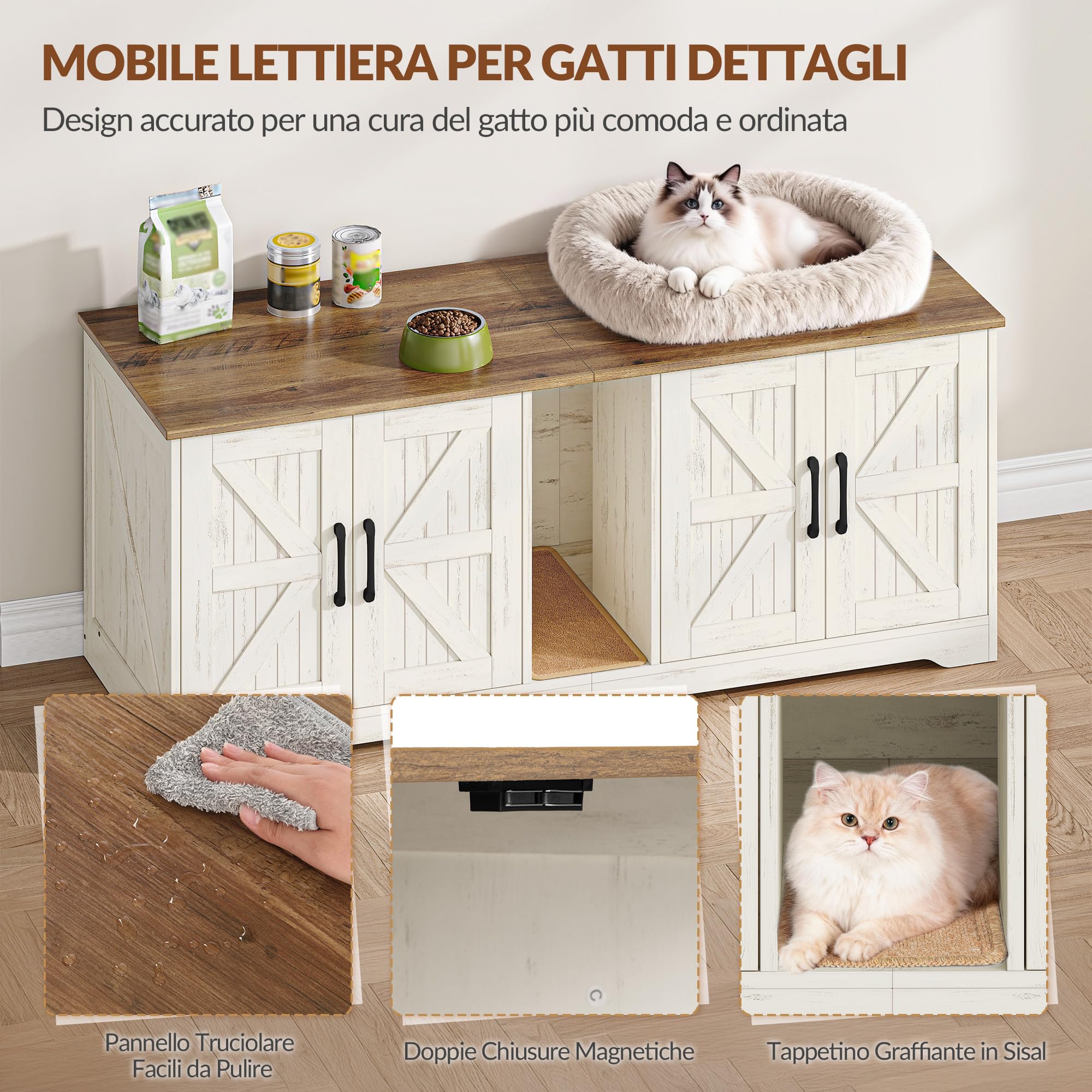 Mobile Lettiera per Gatti per 2 Gatti, Mobiletto per Lettiera Nascosta, Cuccia per Gatto da Interno, Legno Tavolino Laterale con Tappetino Graffiante, 140 x 50 x 55 cm, Marrone e Bianco