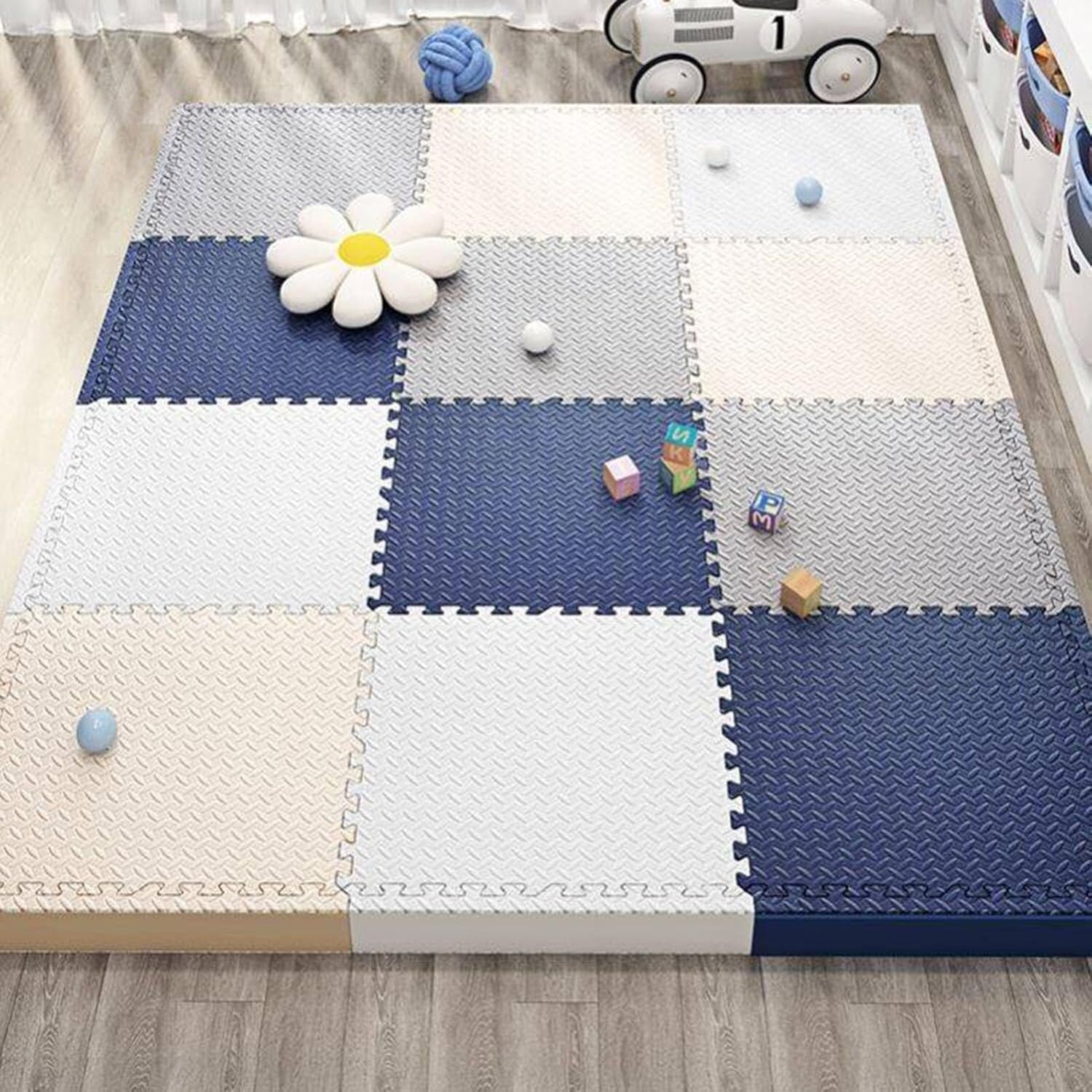 Ineinandergreifende Eva-Schaumstoff-Puzzlematten, 30 x 30 cm, quadratische Schaumstoff-Bodenfliesen, schützende Spiel- und Bewegungsmatte, Marineblau-Grau-Beige, 40 Stück