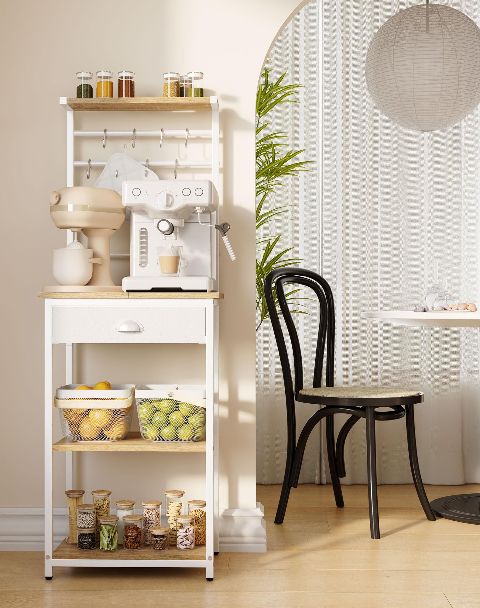 YMYNY Étagère de Cuisine, Porte-Café en Bois à 5 Niveaux, Rangement pour Machine à Café, Organisateur avec 8 Crochets, Tiroirs en Tissu, pour Salon, Bureau, Naturel HBR009R