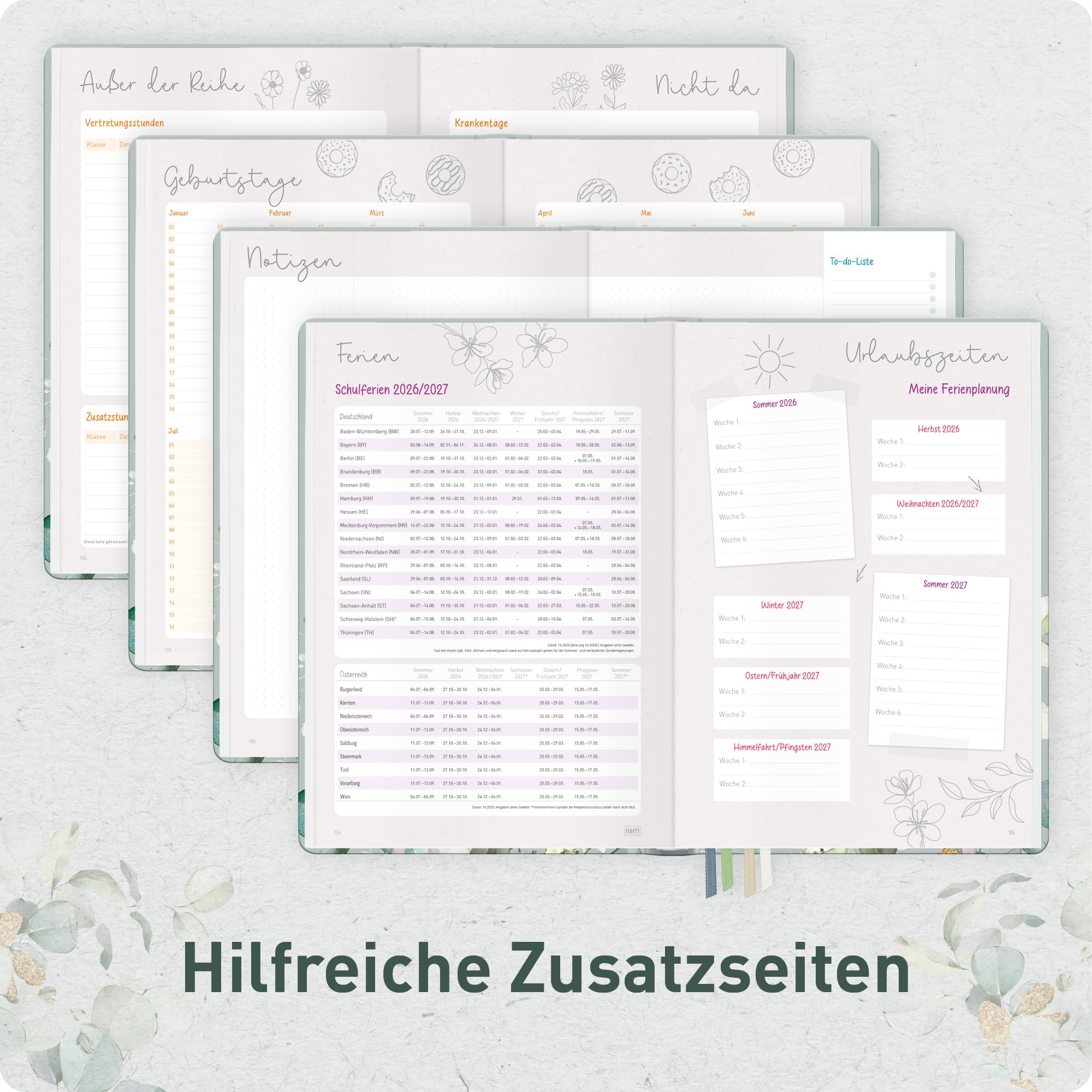 Häfft® Lehrerplaner Grundschule 2026/2027 im A4+ Format Hardcover - Schuljahr 12 Monate (Aug 26 - Jul 27) Lehrerkalender & Unterrichtsplaner für Klasse 1–4 "Minty Leaves"