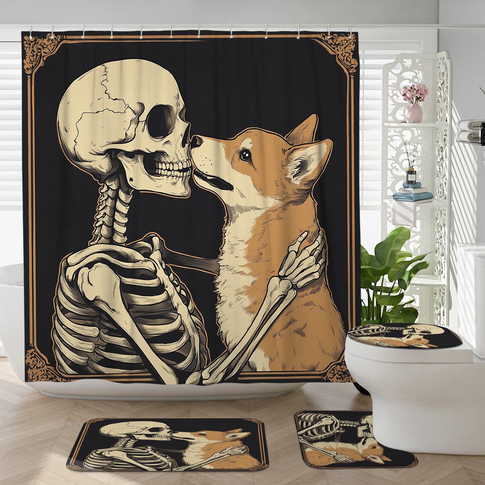 Rideau de douche 183x183 motif Shiba Inu vintage avec ensemble de tapis de bain