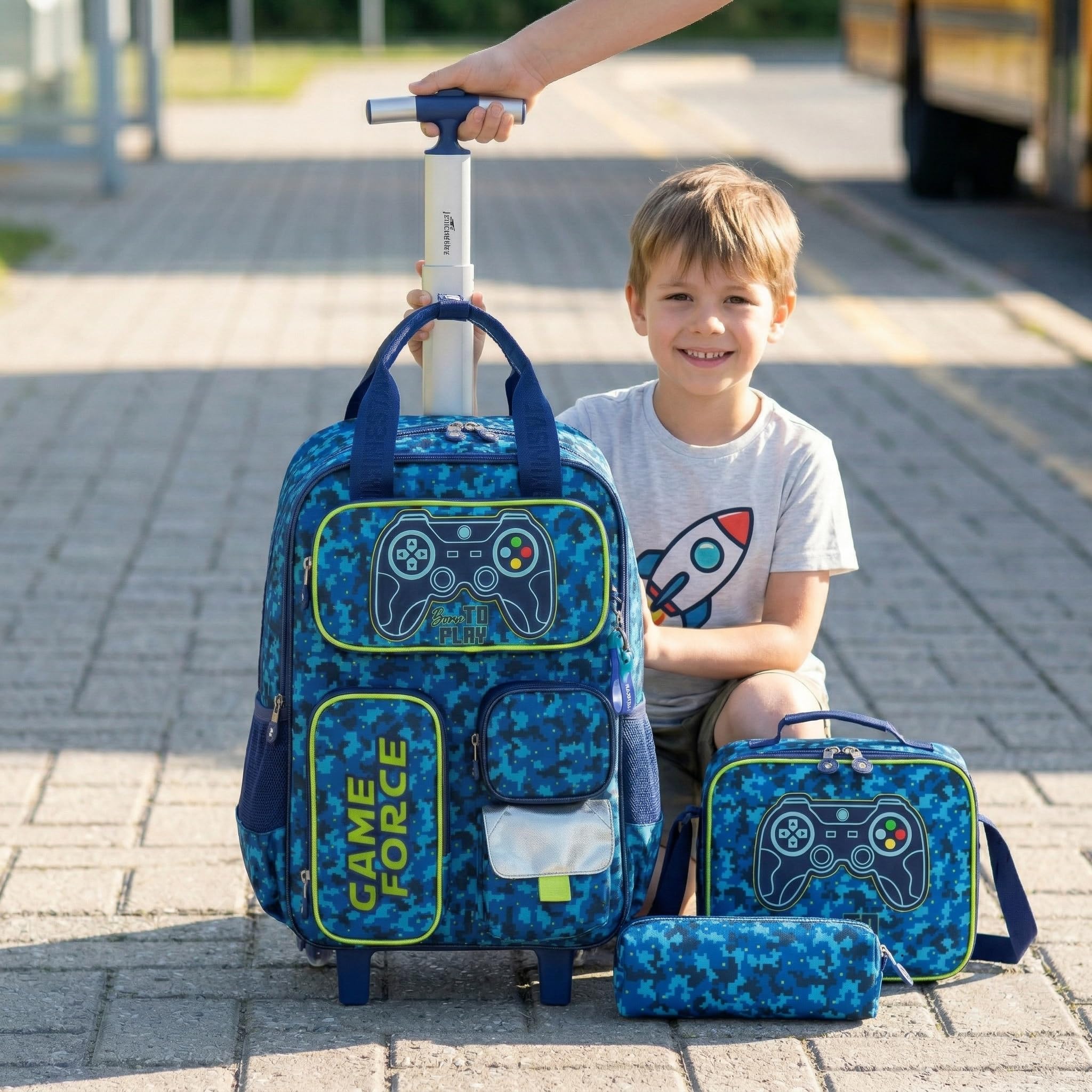 Zaino con Rotelle Bambino Tasche Multifunzionali Joystick Trolley Zainetto Asilo Scuola Elementare Primaria Borsa Pranzo Portamatite Grande Carrello Valigia Ragazzo Viaggio Blu