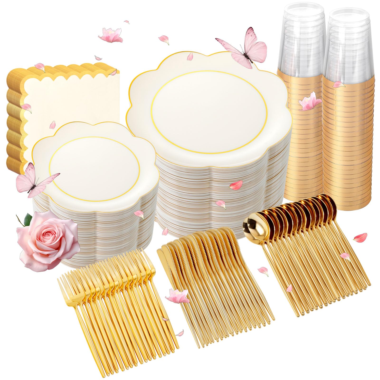 350Pcs Ivory Gold Rim Heavy Duty Plastic Plates Dinnerware Set