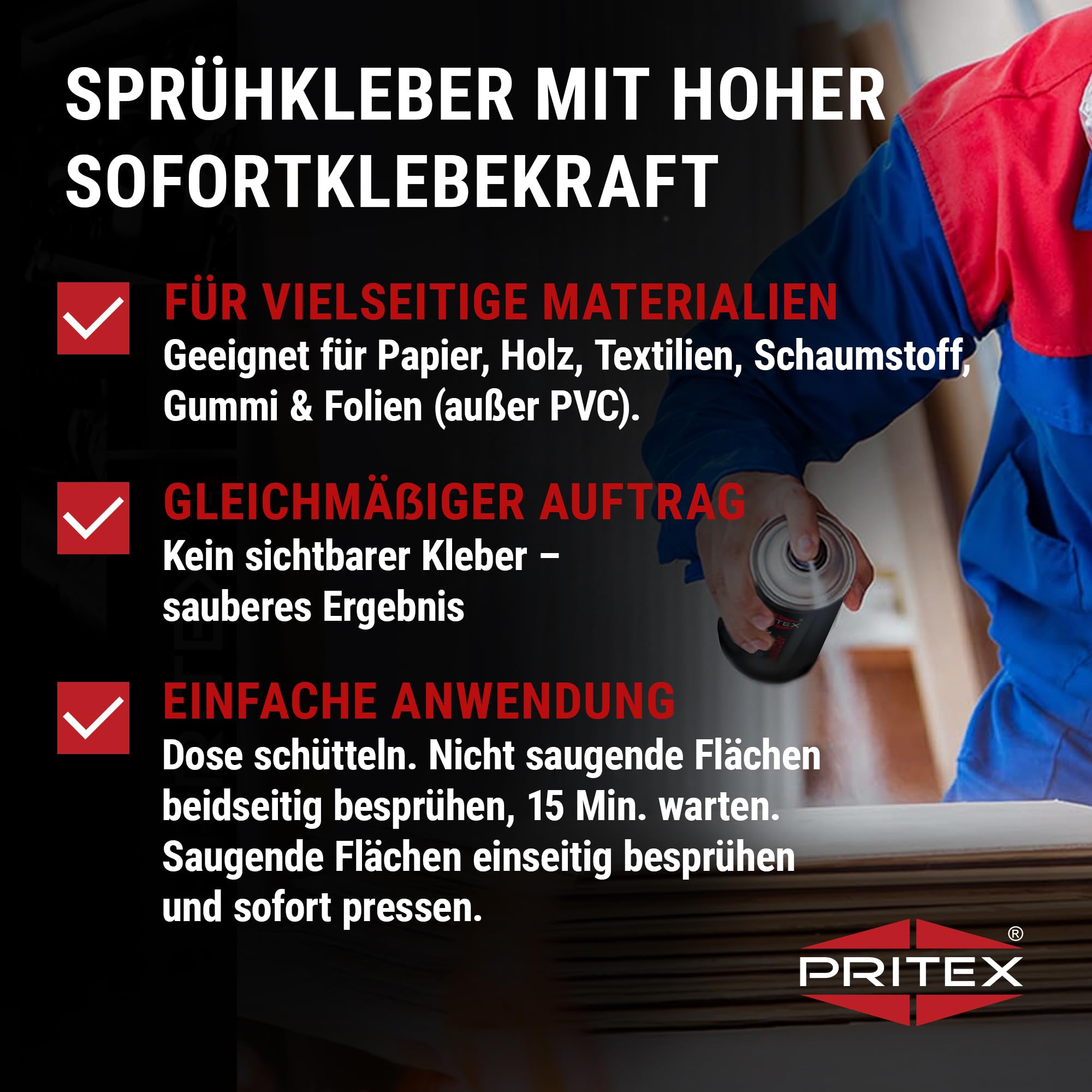 PRITEX – Sprühkleber 48x 400 ml für KFZ, Handwerk, Modellbau, DIY & Haushalt – Kleber Spray mit hoher Sofortklebekraft für Papier, Karton, Holz, Kork, Leder, Textilien, Schaumstoff, Gummi & Kunststoff