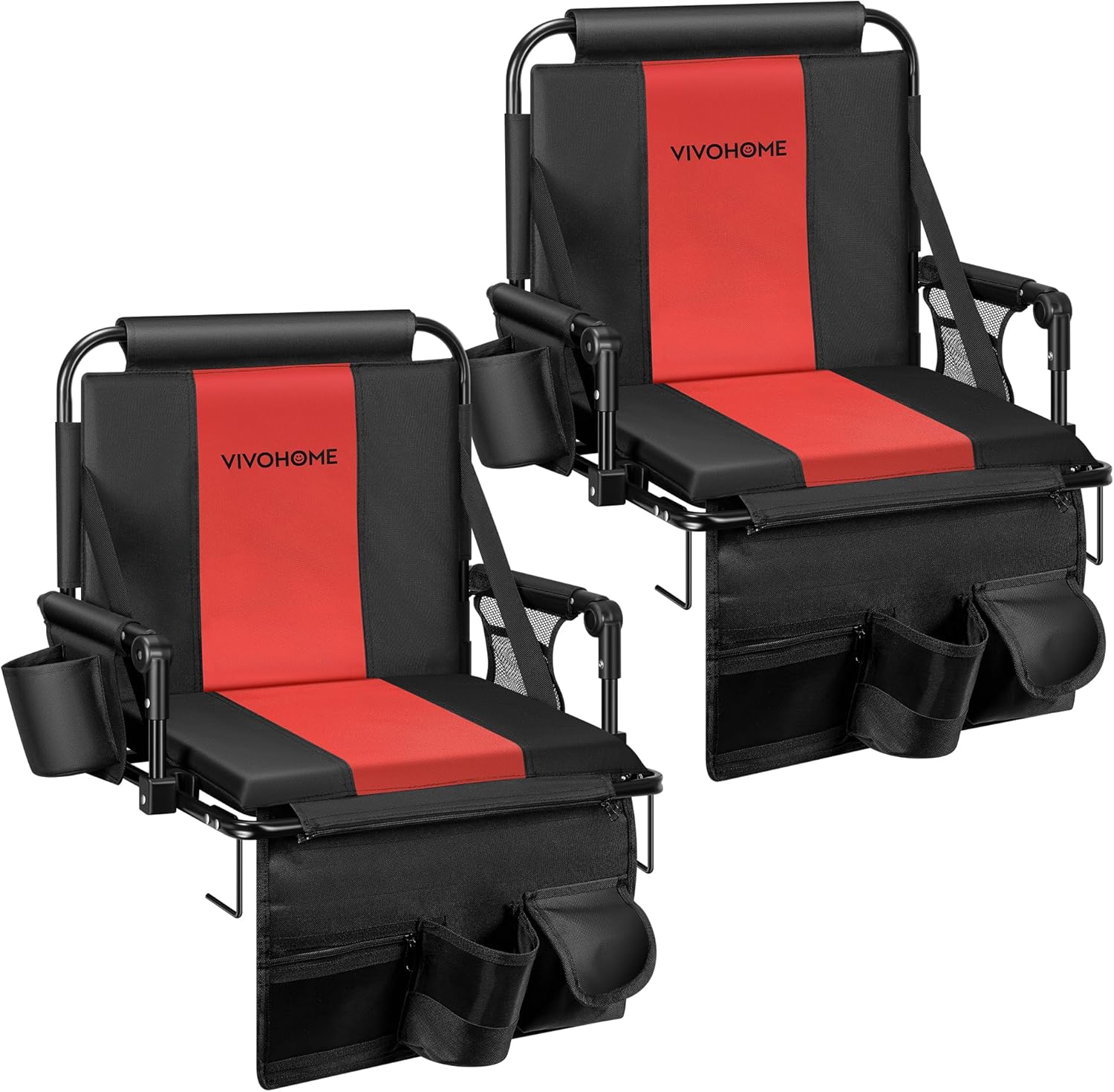VIVOHOME Stadium Seats with Back Support and Cushion, 2 Pack Portable Bleacher Chairs with Cup Holder, Storage Bags and Shoulder Strap, Comfortable for Various Sports Events, Black and Red