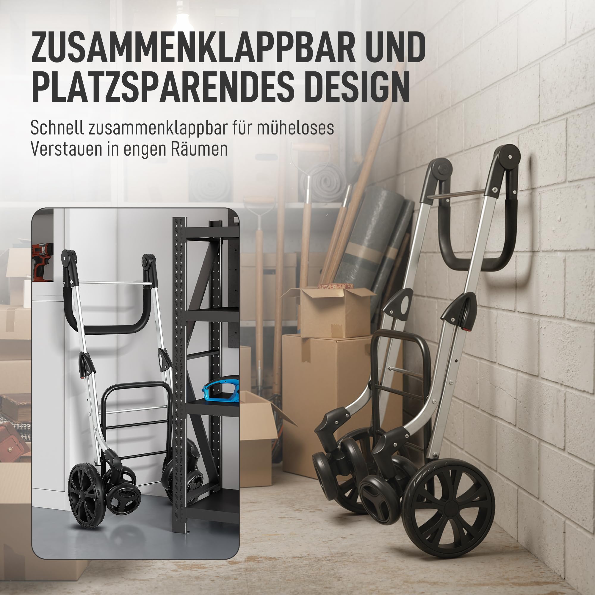 HOMCOM Wózek na zakupy, składany, z kieszenią chłodzącą, regulowany uchwyt, 46 l, szary | Wózek na zakupy, wózek 3 w 1, wózek transportowy i torba na ramię, wózek na zakupy ze zdejmowaną torbą, 6 kółek