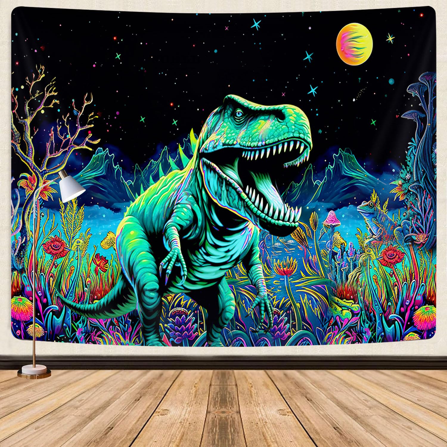 GOAOK Blacklight Dinosaur Tapestry, Fantasy Neon Funny Dino Frog