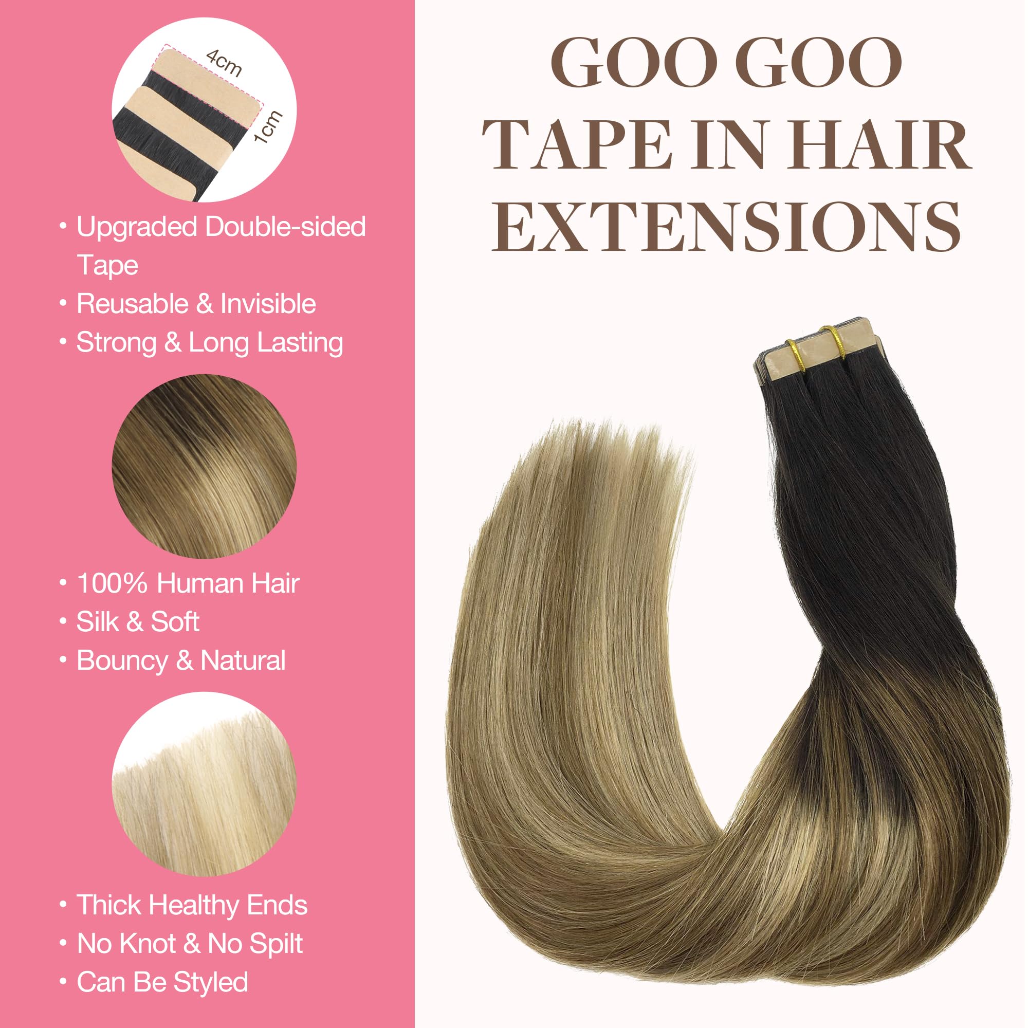 GOO GOO Tape in Hair Extensions Human Hair, 14inch 100g 40pcs, Real Remy Hair Extensions Seamless Straight Tape in - Image 2