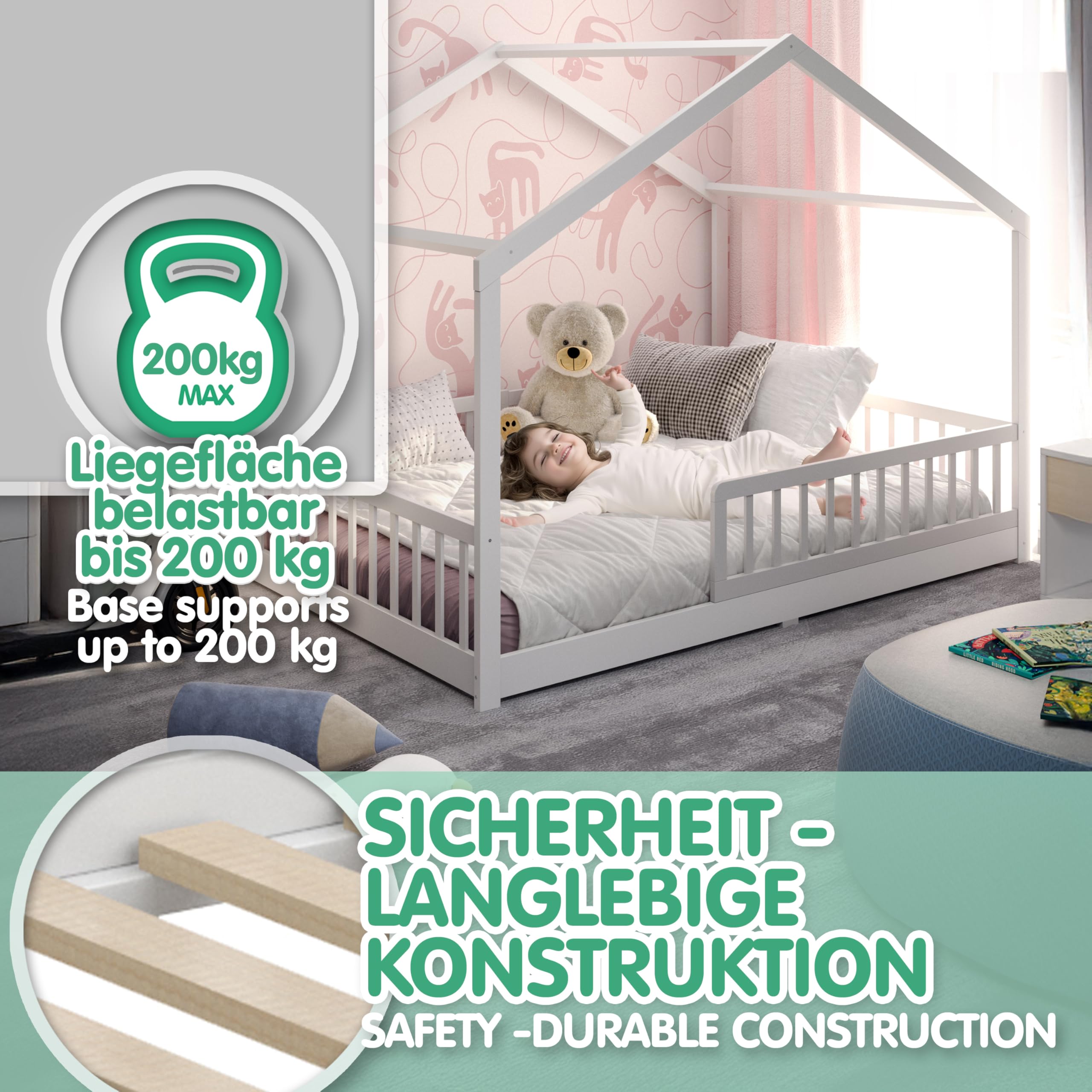 CADANI Malte lit Enfant 140x200 cm – lit cabane avec barrière Amovible, Jusqu’à 200 kg, sommier à Lattes Inclus, lit au Sol Montessori en pin Massif, Blanc