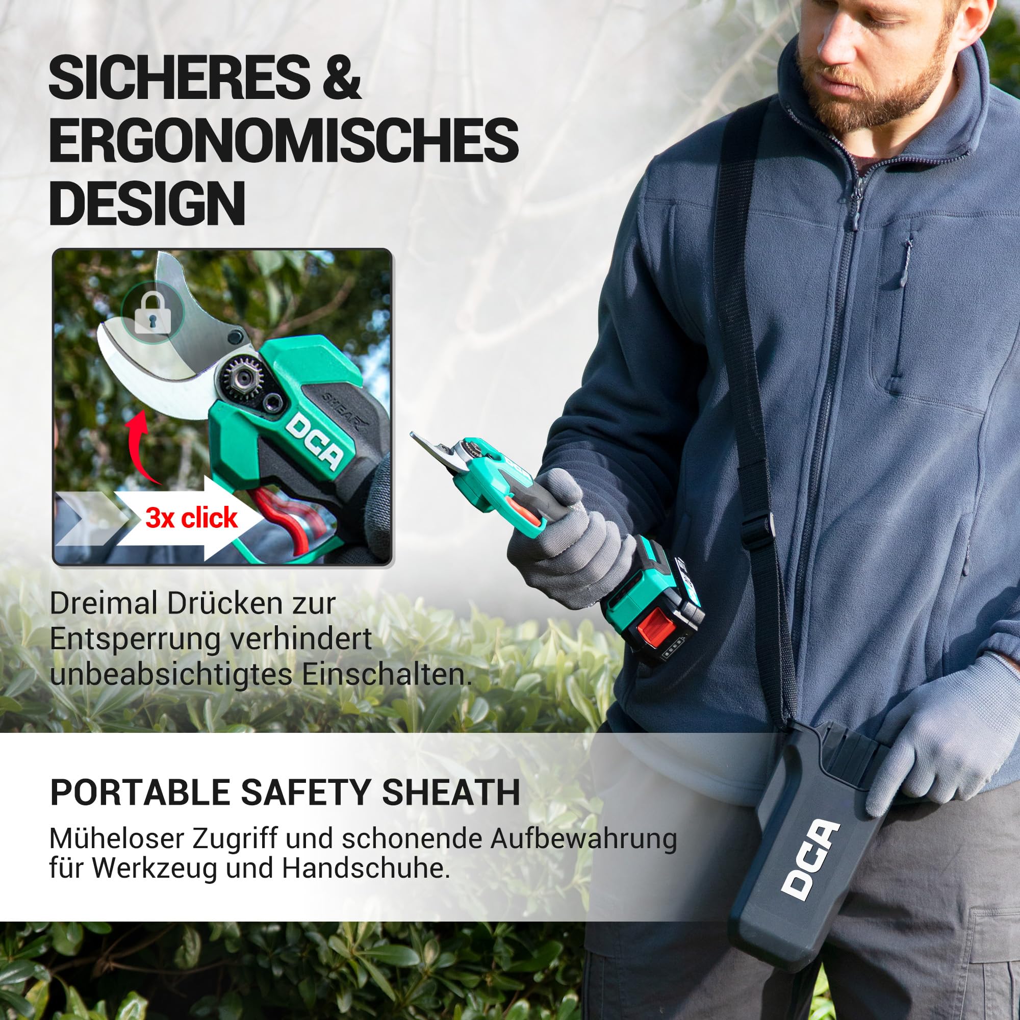 DCA Akku Astschere 20V Bürstenlose, Max 35mm Elektrische Gartenschere mit 2.0Ah Akku und Ladegerät, Professionelle Elektro-Baumschere mit Portable Safety Sleeve für Zweige, Sträucher, Stämme