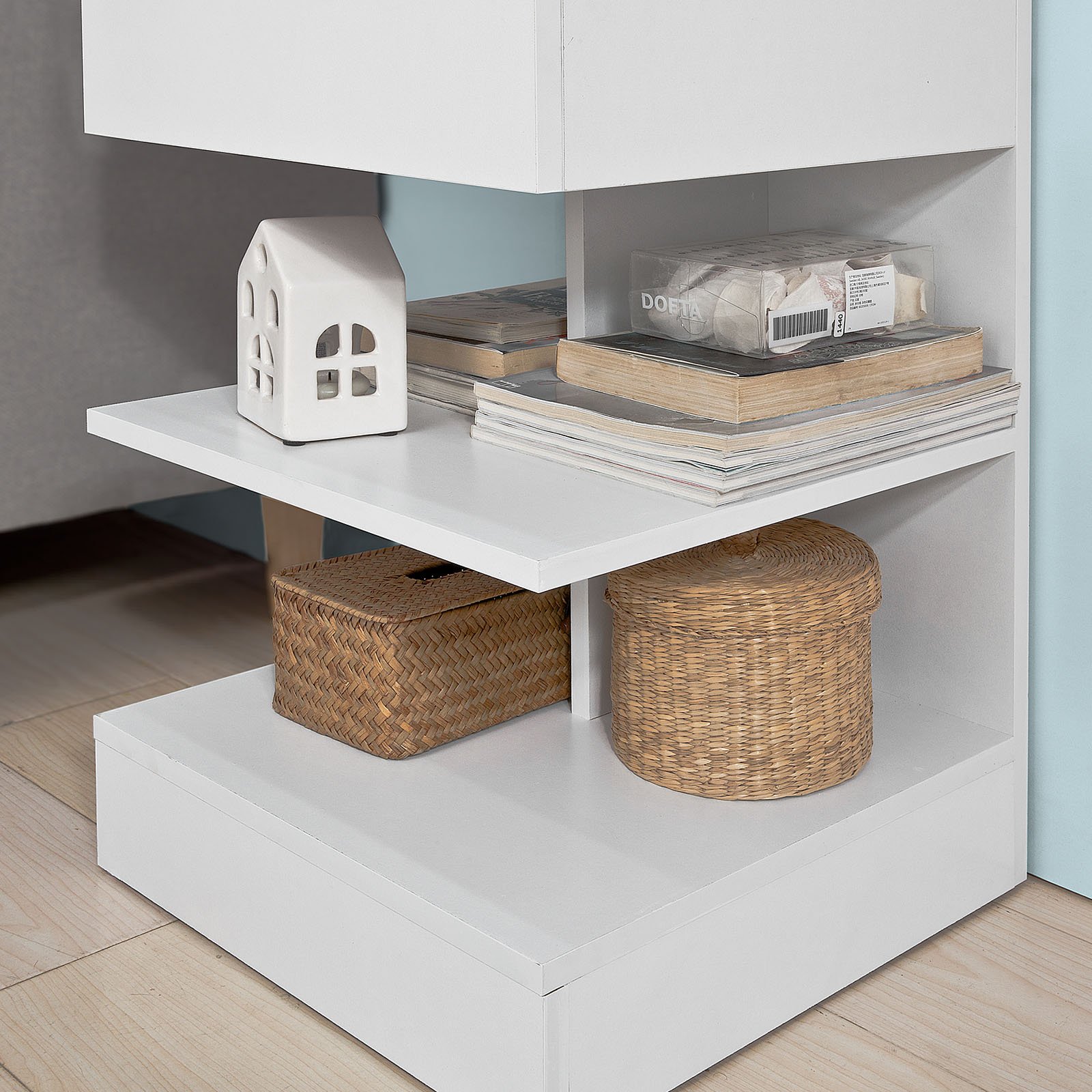 SoBuy Lot de 2 Bijzettafel, Nachtkastje met 1 Lade & 3 Legplanken, Scandinavisch Design Salontafel voor Woonkamer of Slaapkamer, Wit, 39x65x39cm, FBT49-Wx2