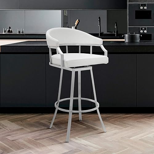 Miniatura 2 de Armen Living Valerie - Taburete giratorio de 30.0in de altura de barra y encimera de piel sintética blanca con acabado de acero inoxidable cepillado