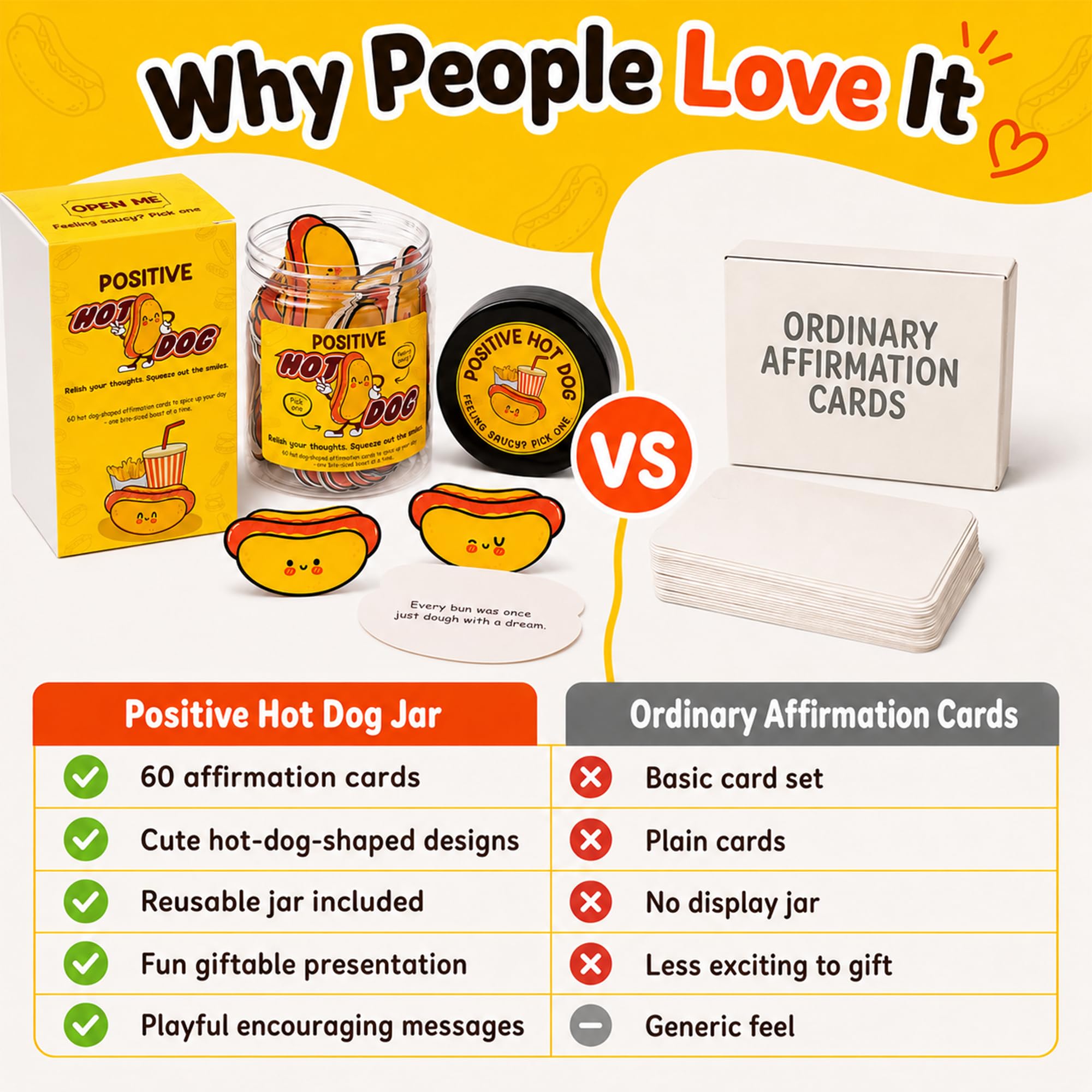 KATINAT Positive Hot Dog Jar, 60 Funny Affirmation Cards, Emotional Support Hot Dogs, Foodie Gifts for Friends, Teens, Funny Gifts for Women, Cowokers, Office, Hot Dog Decorations
